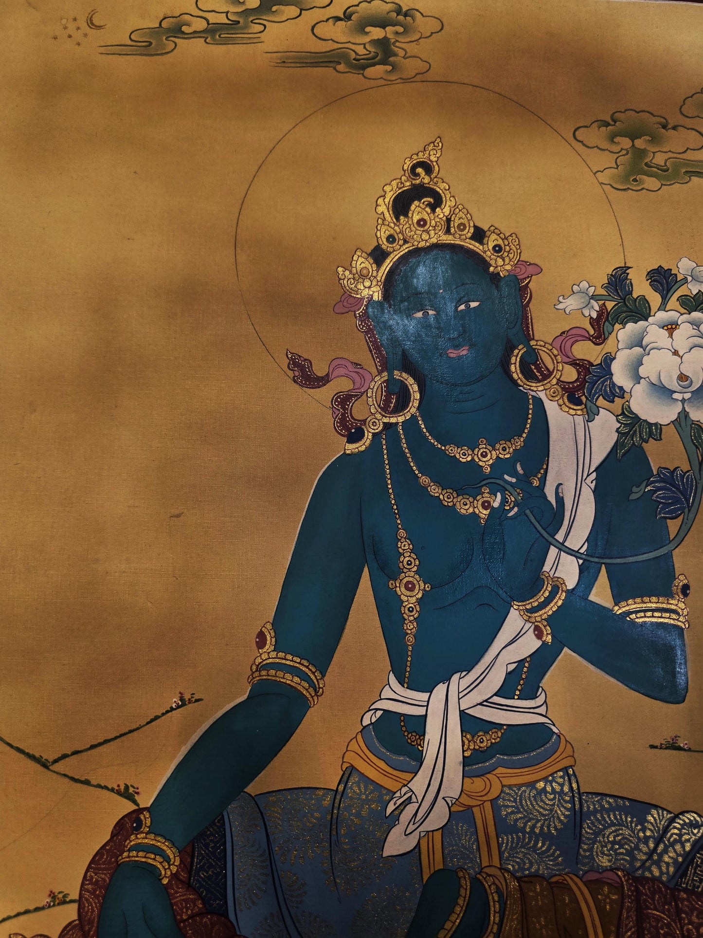 Green Tara Thangka – Karma Gadri Style | Smoky Matte Finish | Hand-Painted Himalayan Buddhist Art
