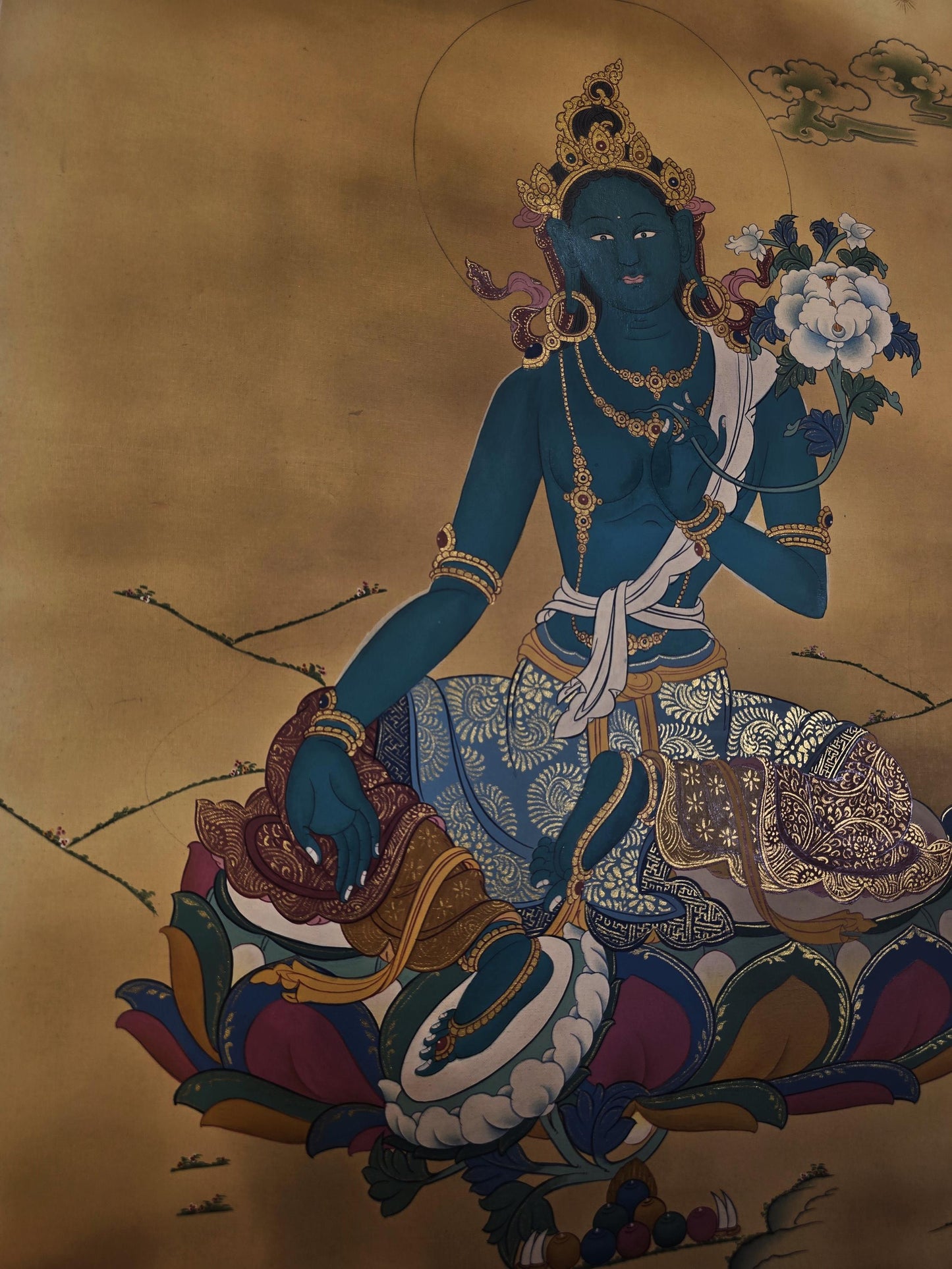Green Tara Thangka – Karma Gadri Style | Smoky Matte Finish | Hand-Painted Himalayan Buddhist Art