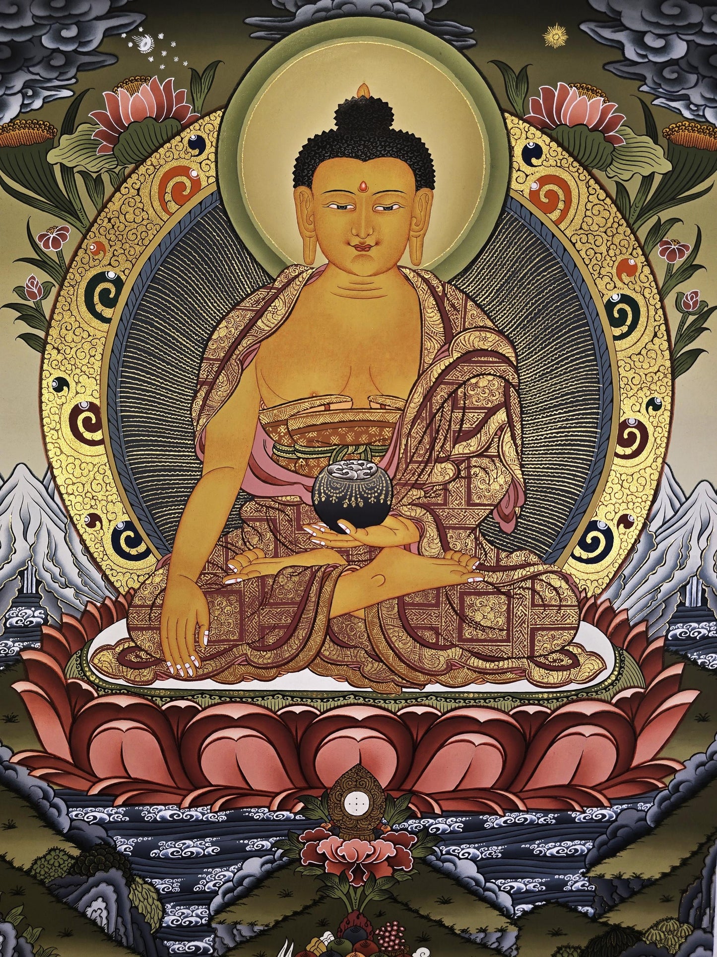 Shakyamuni Buddha Thangka – 24K Gold Painting | Hand-Painted Tibetan Art