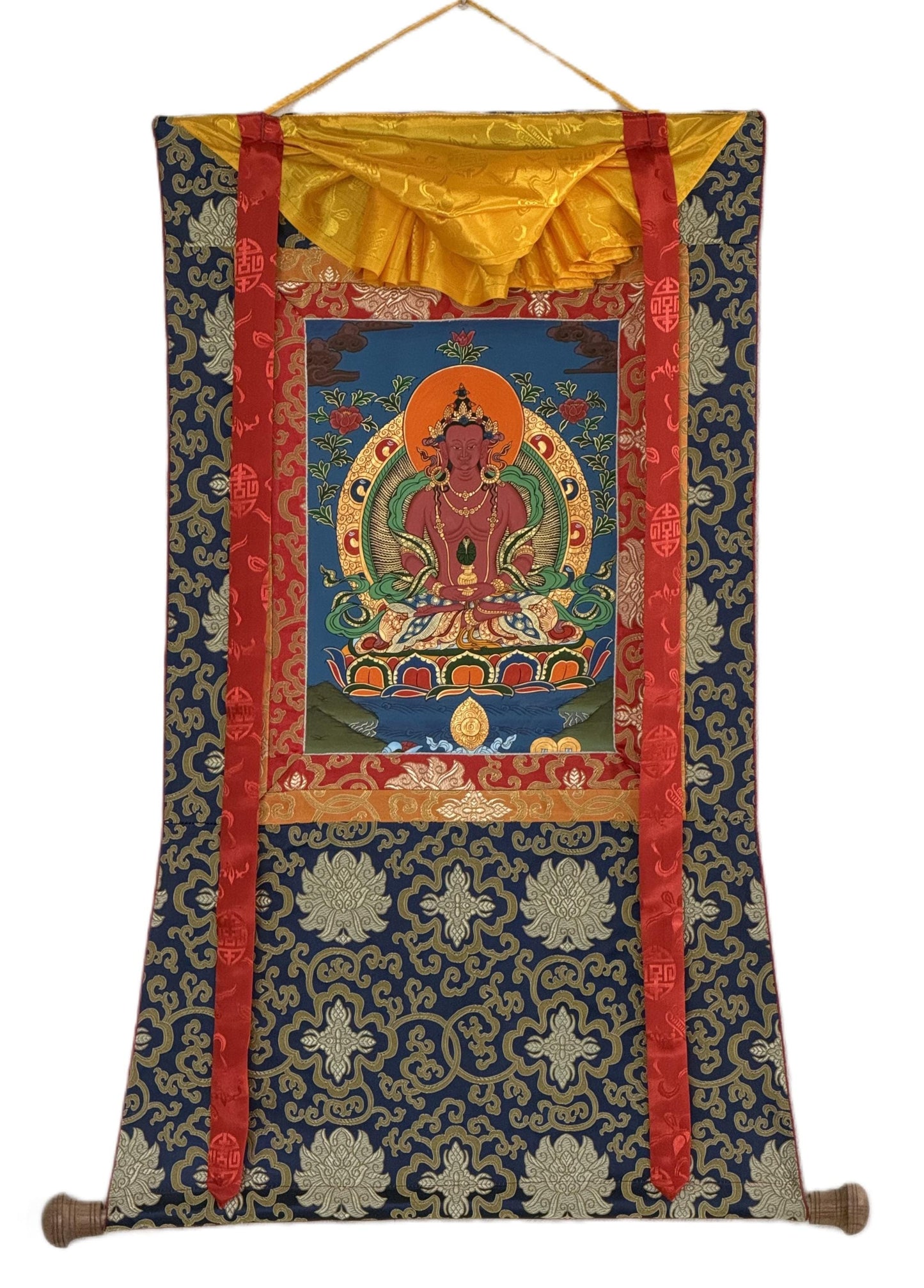 Hand-Painted Amitayus Buddha Thangka, Meditation Wall Hanging with Silk Border