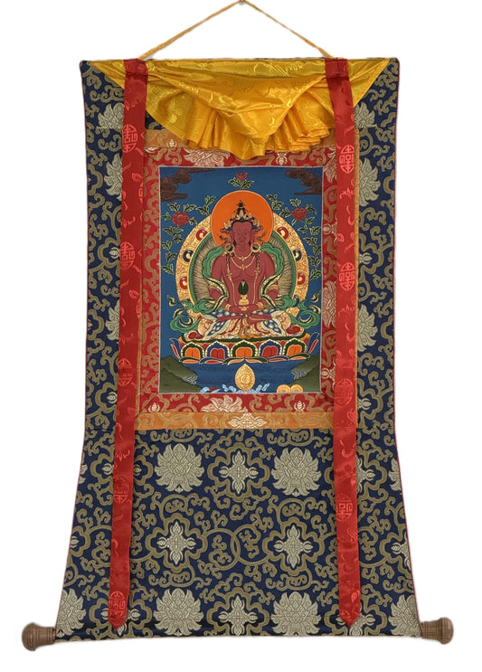 Hand-Painted Amitayus Buddha Thangka, Meditation Wall Hanging with Silk Border