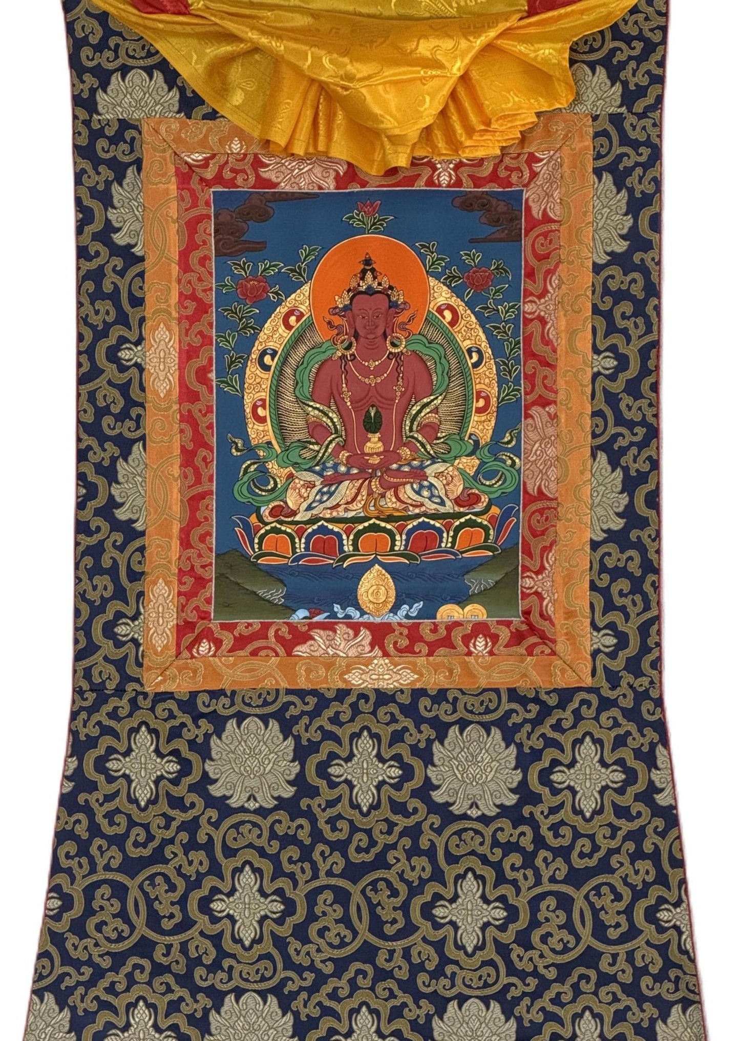 Hand-Painted Amitayus Buddha Thangka, Meditation Wall Hanging with Silk Border