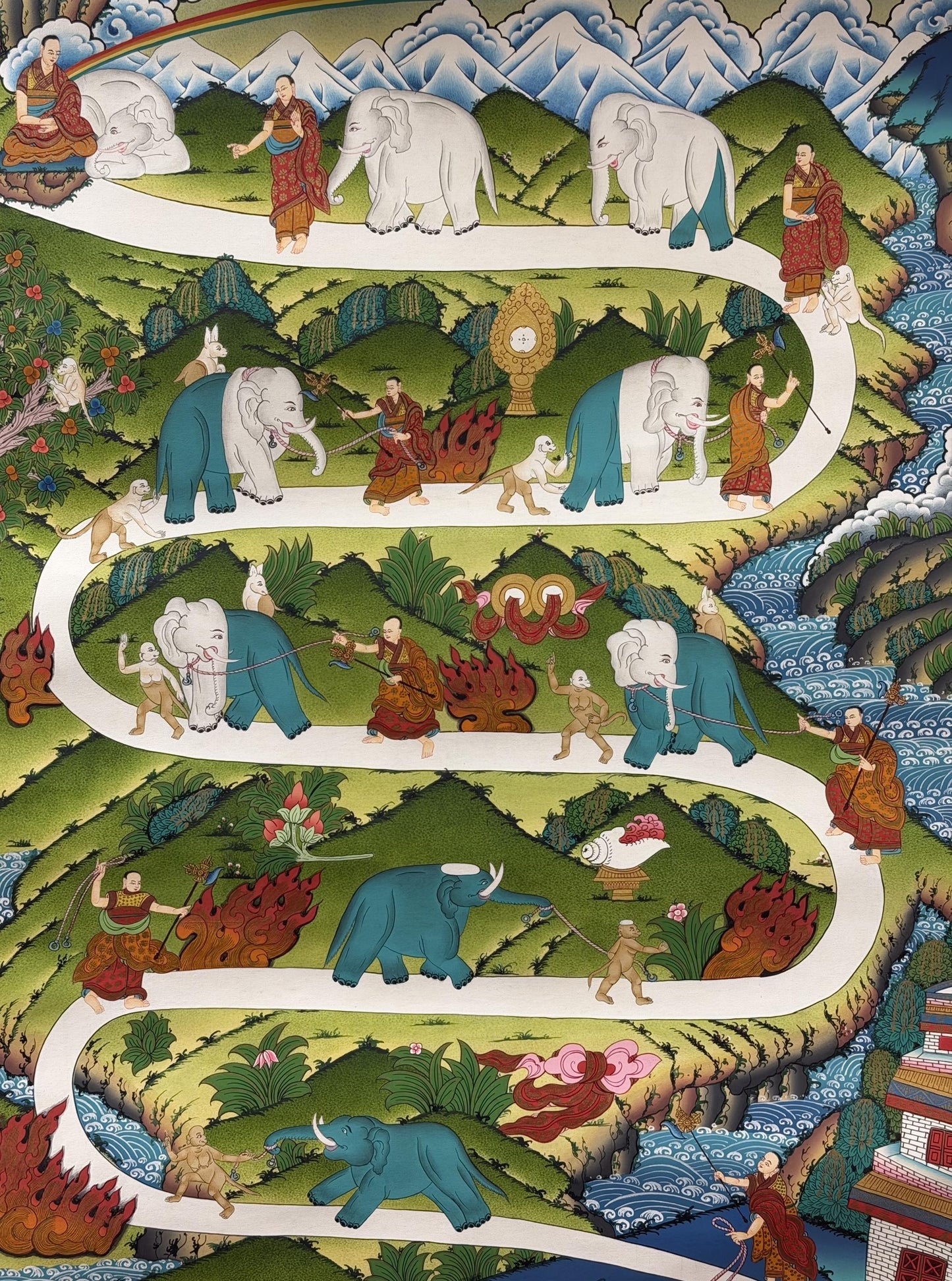 Samatha Meditation Elephant Path Thangka Painting | Large Tibetan Buddhist Mind Training Art