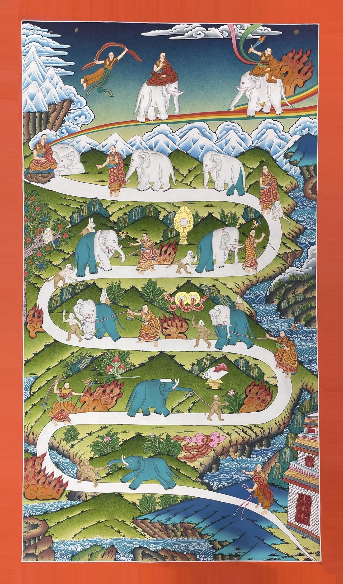 Samatha Meditation Elephant Path Thangka Painting | Large Tibetan Buddhist Mind Training Art