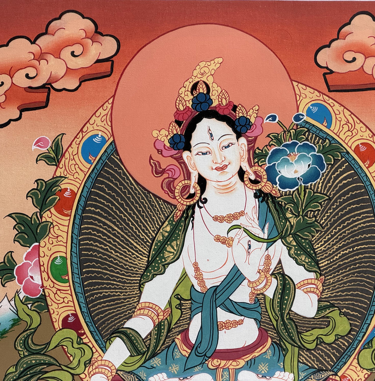 White Tara Thangka with Silk Brocade | Tibetan Buddhist Compassion Goddess Art