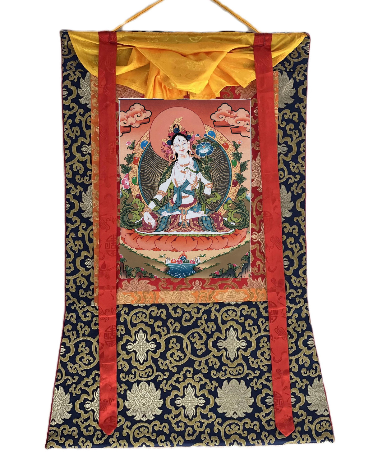 White Tara Thangka with Silk Brocade | Tibetan Buddhist Compassion Goddess Art