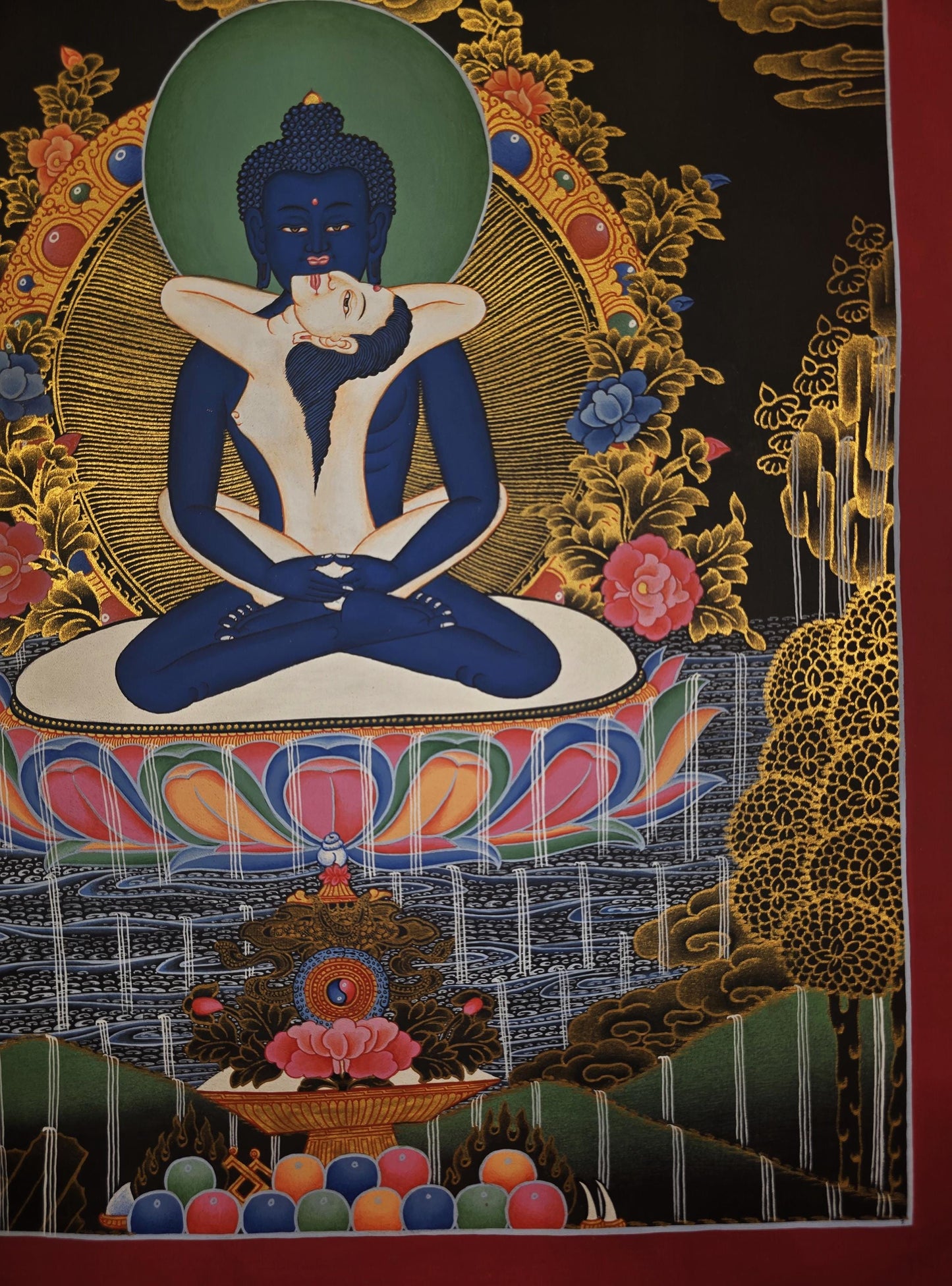 Samantabhadra Yab-Yum Thangka – 24K Gold Hand-Painted Tibetan Art | Primordial Buddha Shakti