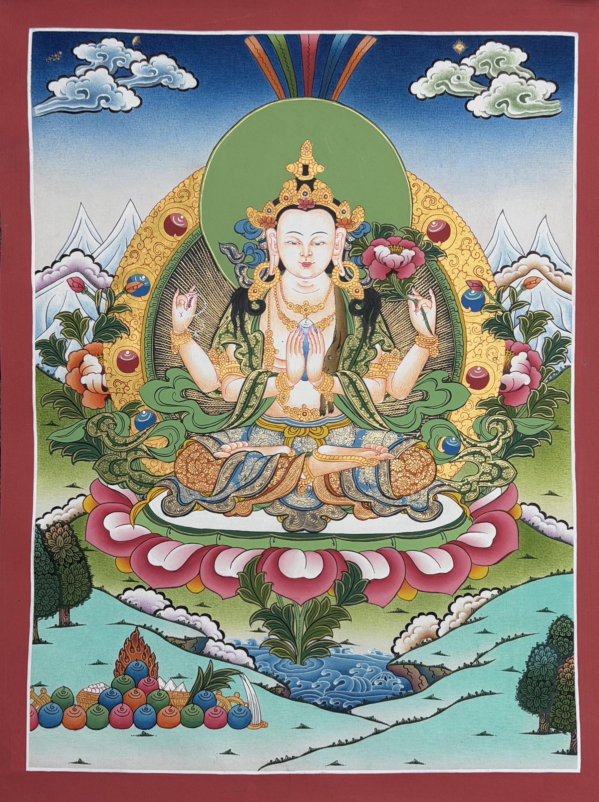 Chenrezig Avalokiteshvara Thangka | Hand Painted Tibetan Buddhist Compassion Art