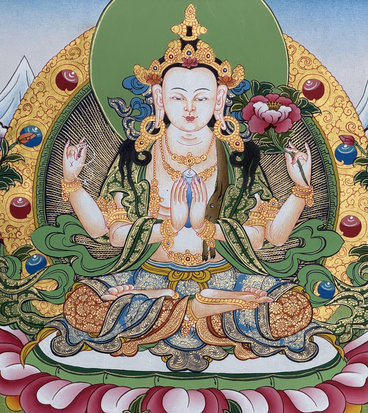 Chenrezig Avalokiteshvara Thangka | Hand Painted Tibetan Buddhist Compassion Art