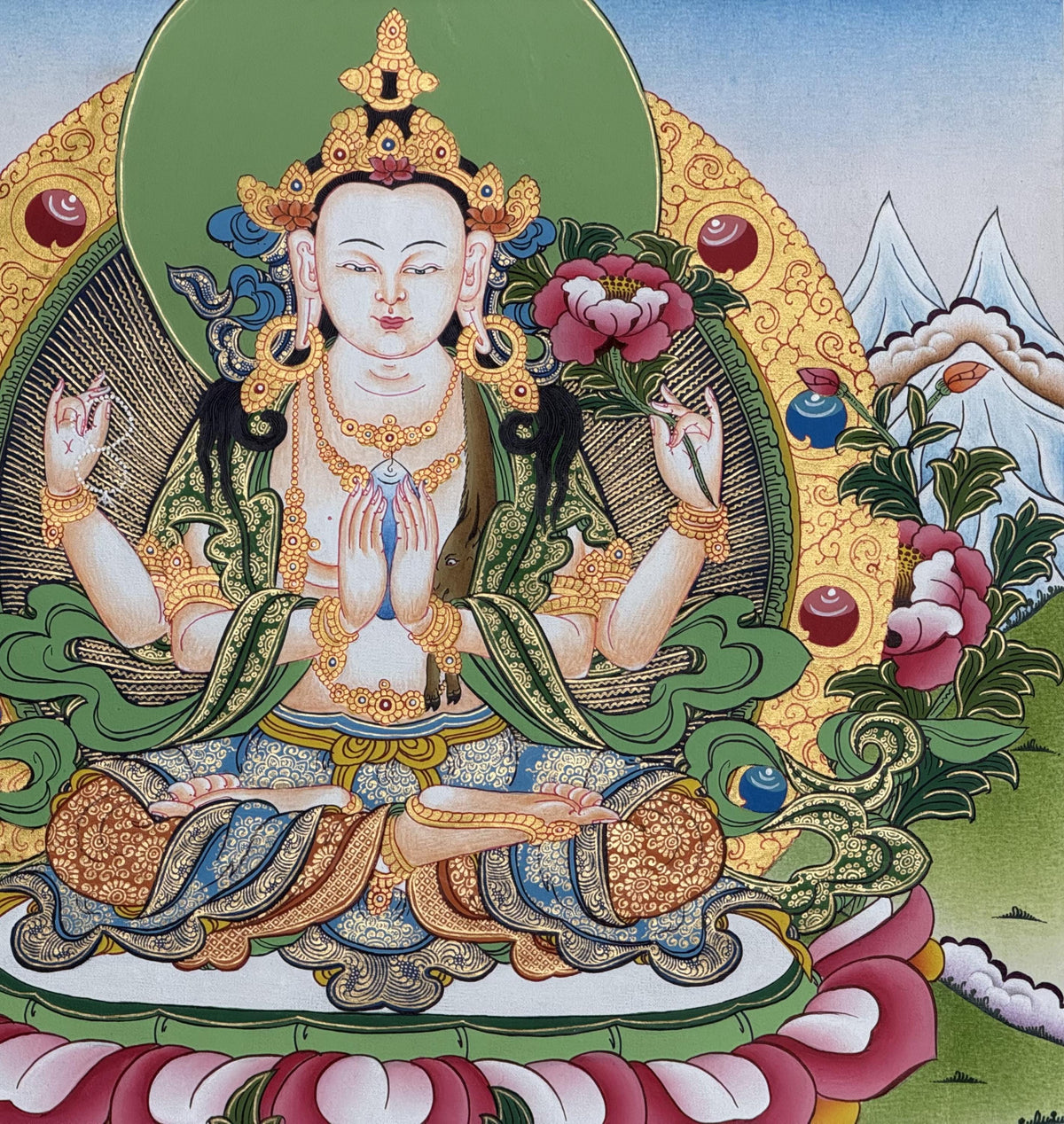 Chenrezig Avalokiteshvara Thangka | Hand Painted Tibetan Buddhist Compassion Art