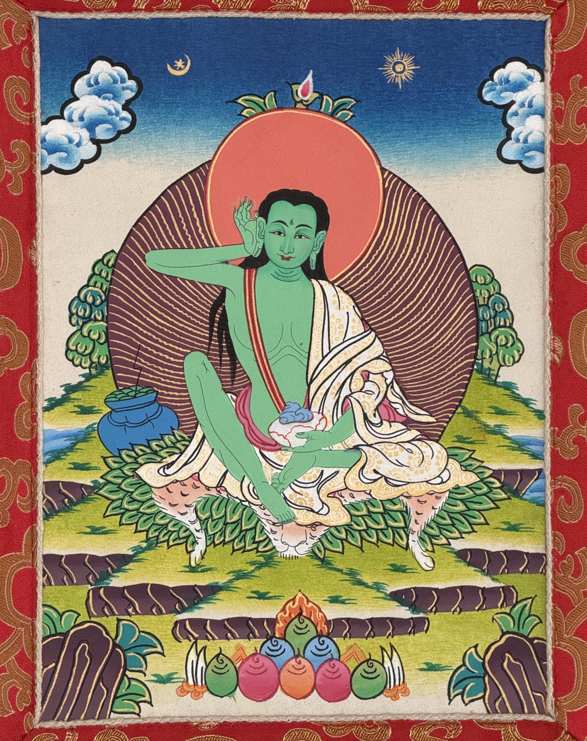 Milarepa Thangka with Silk Brocade | Small Hand-Painted Tibetan Yogi Meditation Art