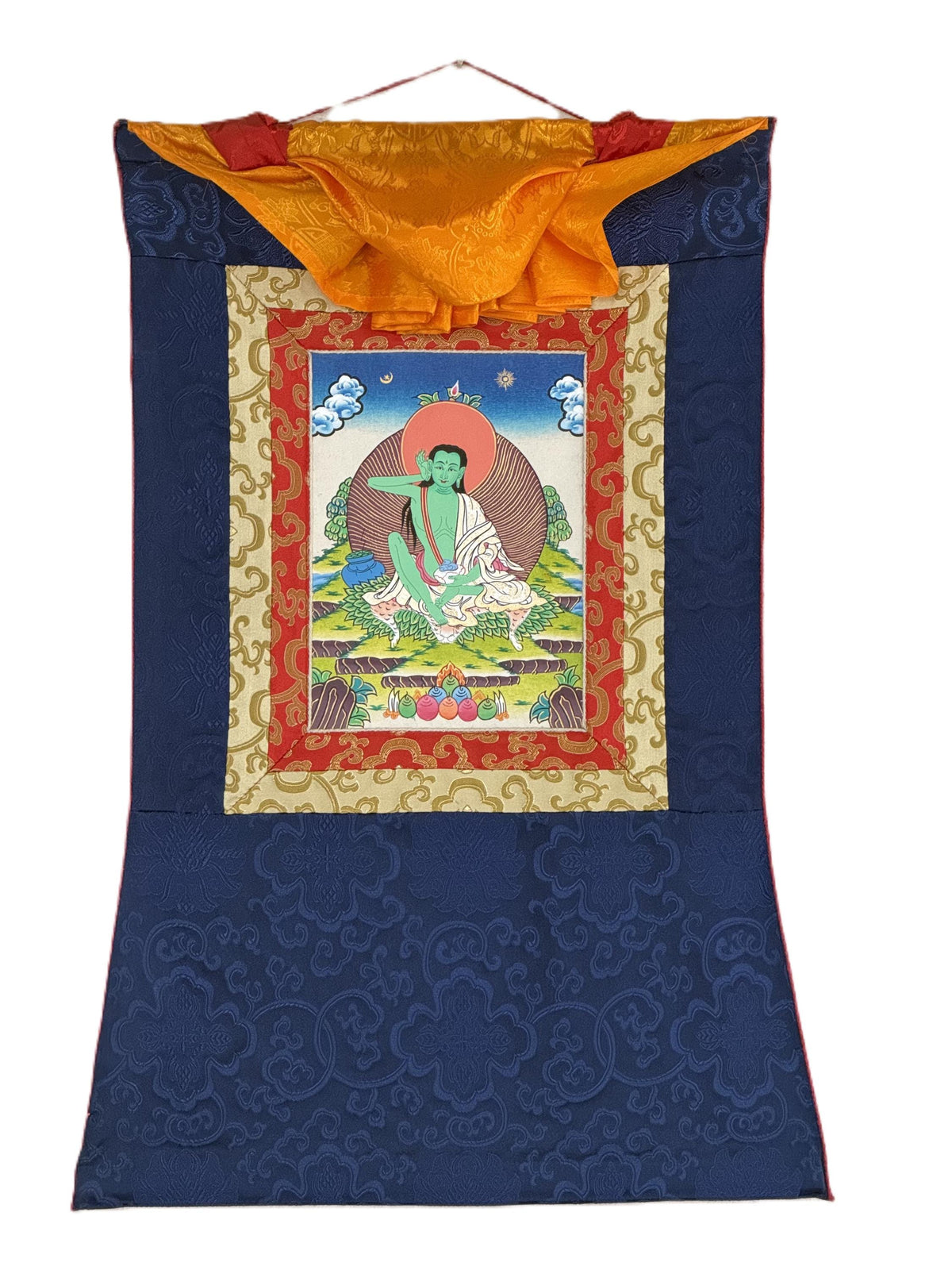 Milarepa Thangka with Silk Brocade | Small Hand-Painted Tibetan Yogi Meditation Art