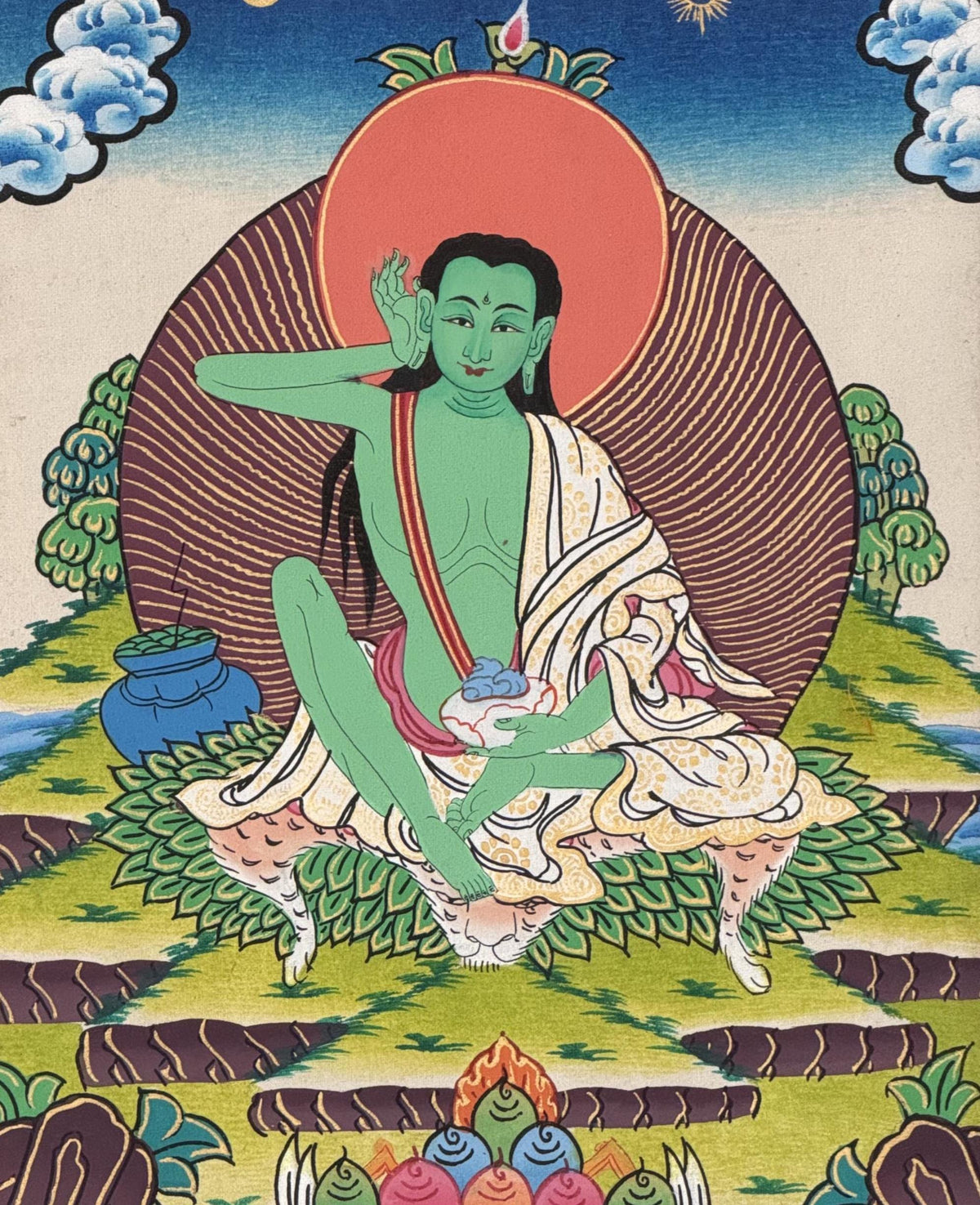 Milarepa Thangka with Silk Brocade | Small Hand-Painted Tibetan Yogi Meditation Art