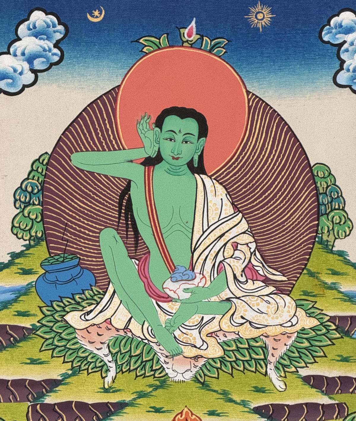 Milarepa Thangka with Silk Brocade | Small Hand-Painted Tibetan Yogi Meditation Art