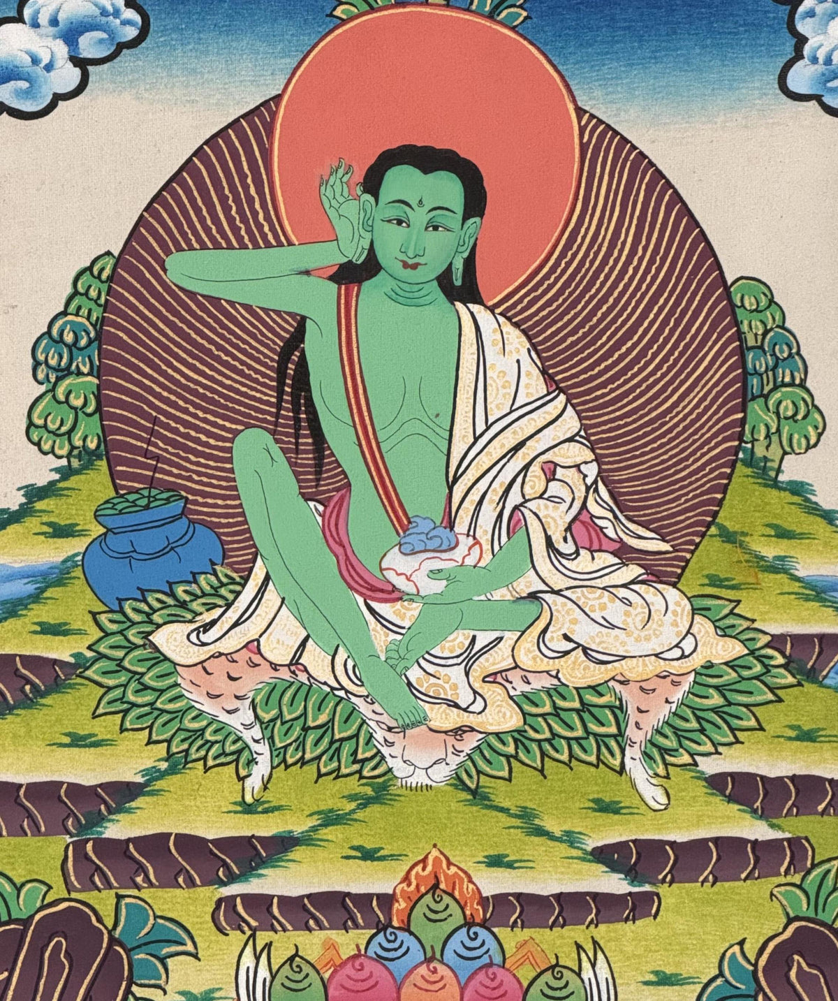 Milarepa Thangka with Silk Brocade | Small Hand-Painted Tibetan Yogi Meditation Art