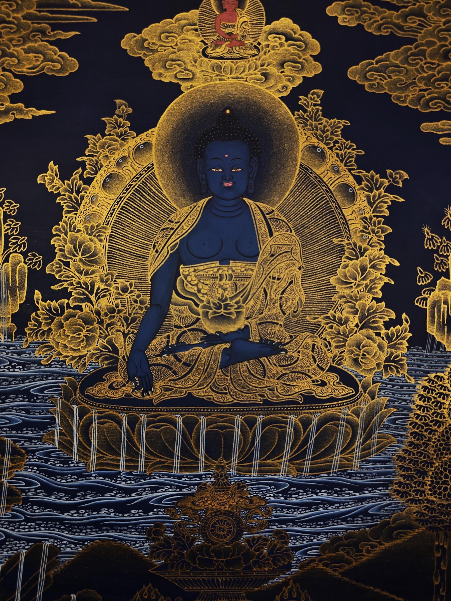24K Gold Medicine Buddha Thangka Painting, Bhaisajyaguru Healing Art