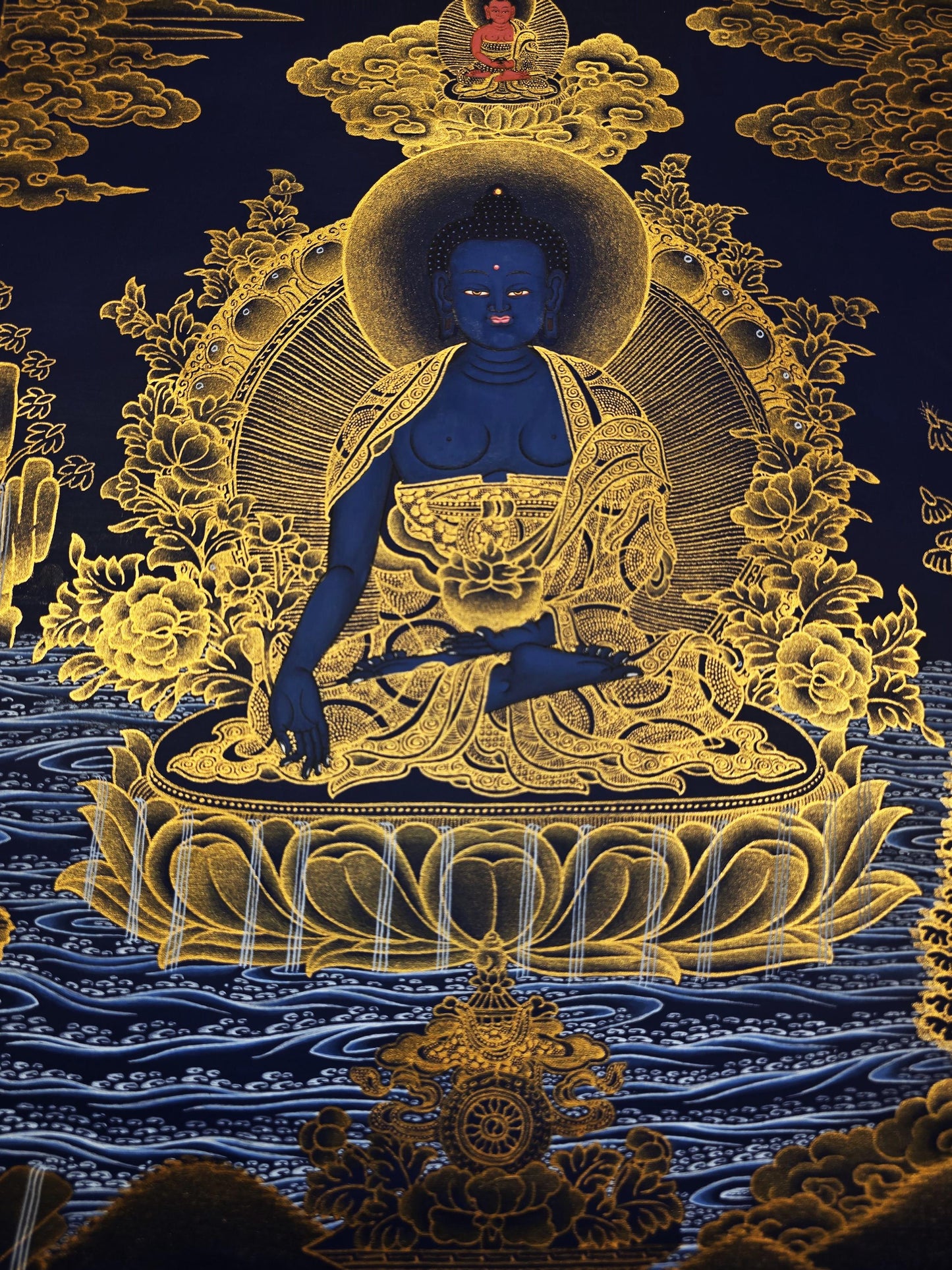24K Gold Medicine Buddha Thangka Painting, Bhaisajyaguru Healing Art
