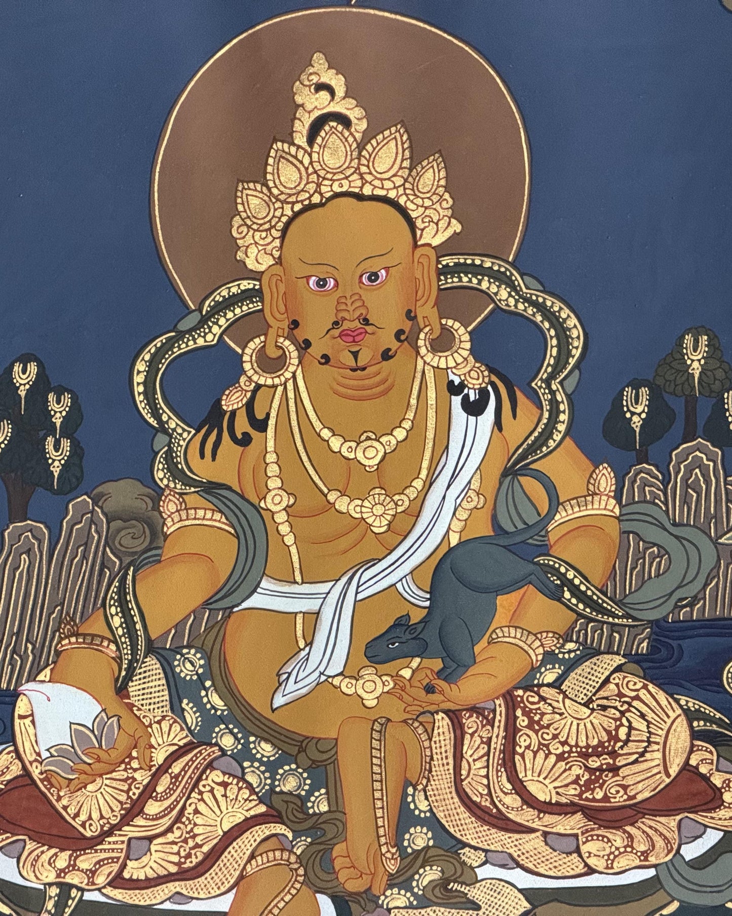 Yellow Dzambhala Kubera Thangka | Hand-Painted Tibetan Wealth Deity with Silk Brocade