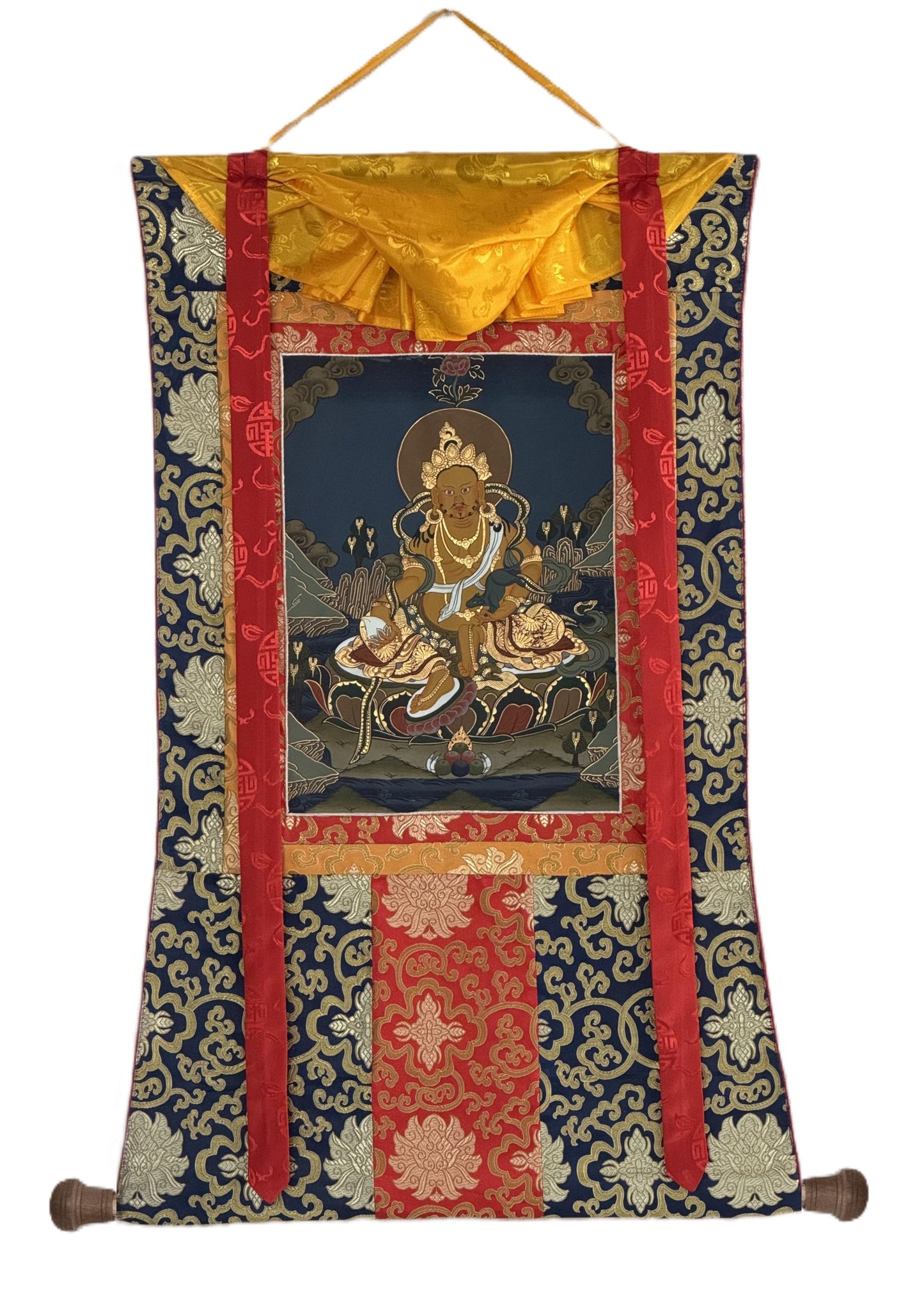 Yellow Dzambhala Kubera Thangka | Hand-Painted Tibetan Wealth Deity with Silk Brocade