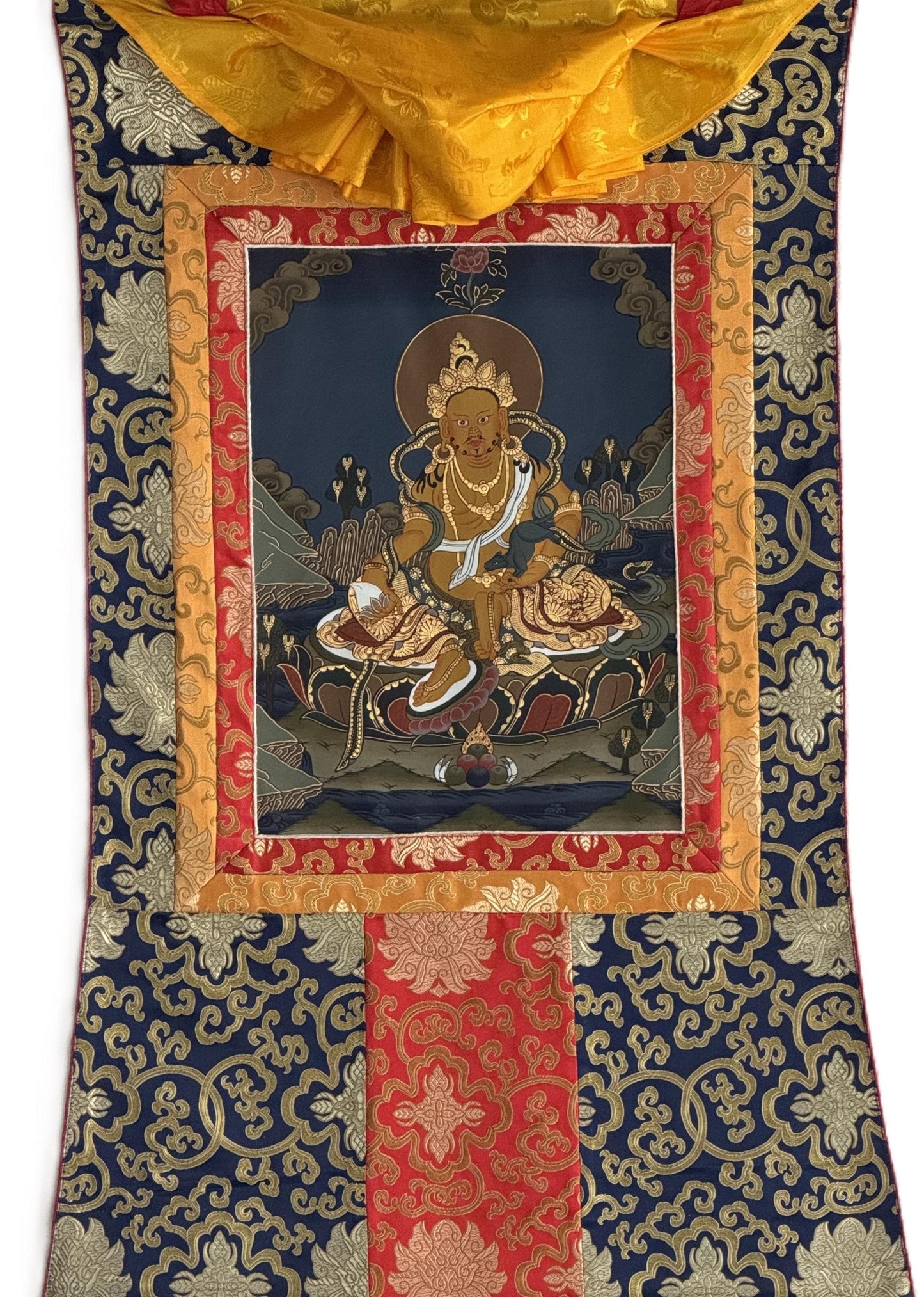 Yellow Dzambhala Kubera Thangka | Hand-Painted Tibetan Wealth Deity with Silk Brocade
