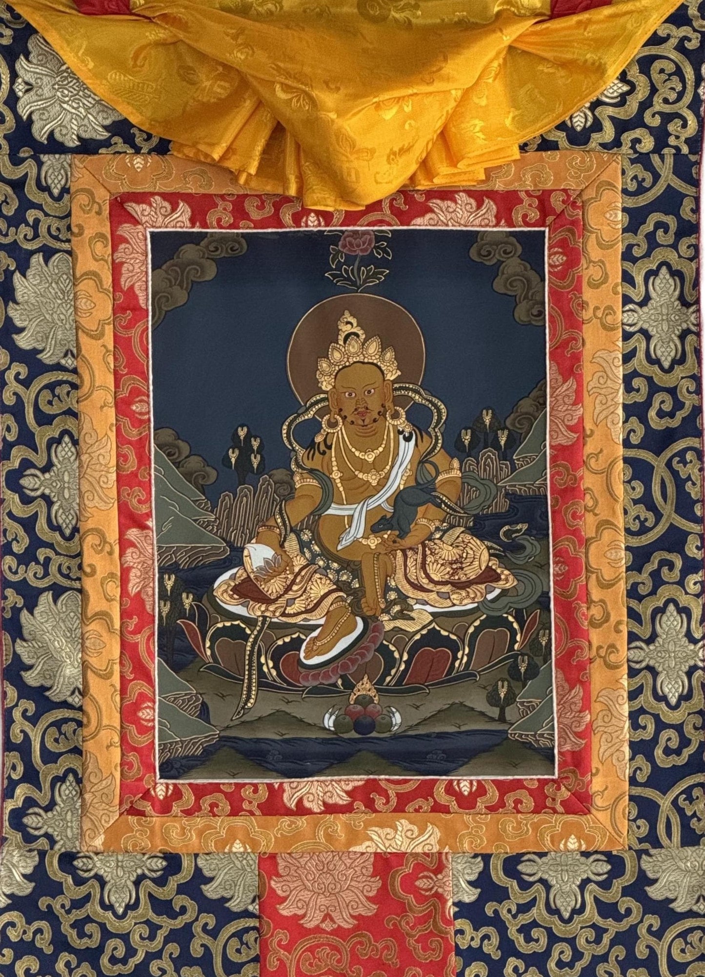 Yellow Dzambhala Kubera Thangka | Hand-Painted Tibetan Wealth Deity with Silk Brocade