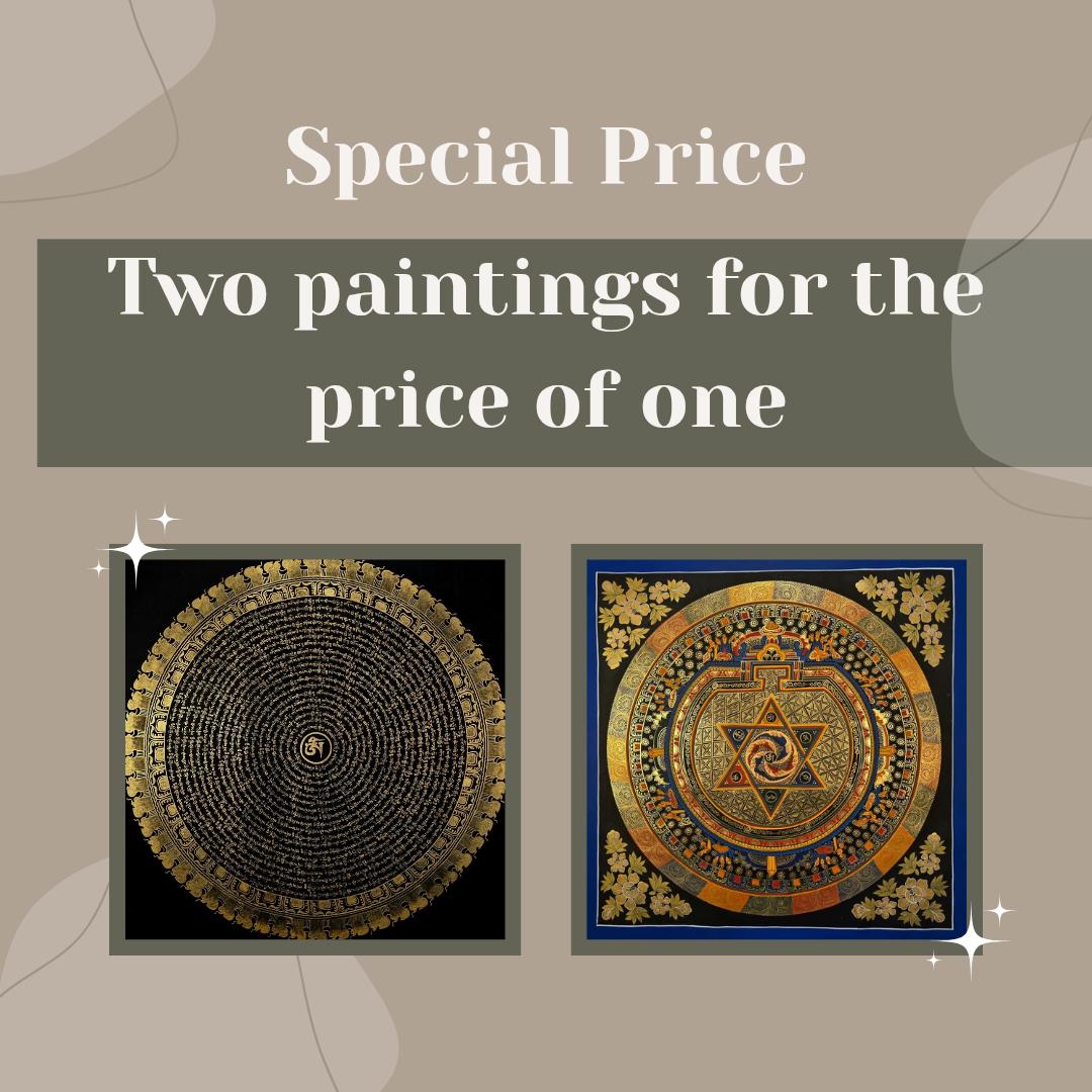 Hand-Painted Om Mantra Mandala Thangka – Tibetan Buddhist Wall Hanging Art (Set of 2 Paintings)