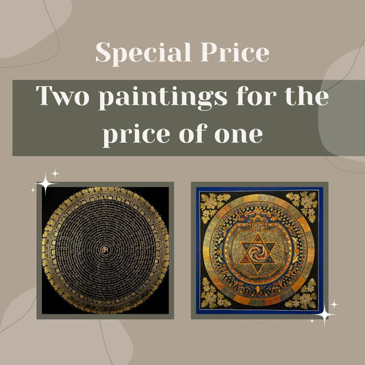 Hand-Painted Om Mantra Mandala Thangka – Tibetan Buddhist Wall Hanging Art (Set of 2 Paintings)