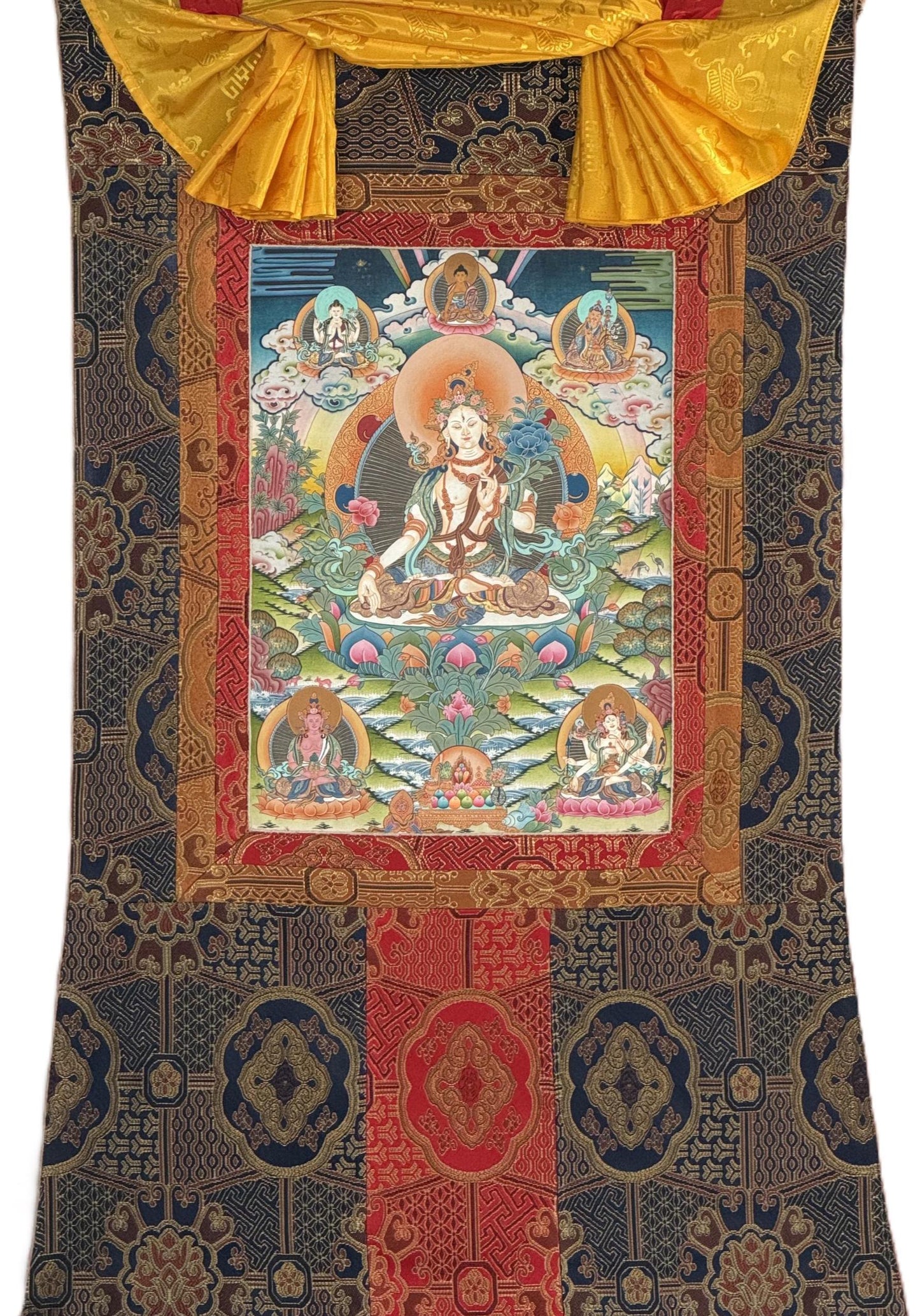White Tara Thangka 24K Gold – Masterpiece Hand-Painted Tibetan Art with Silk Brocade