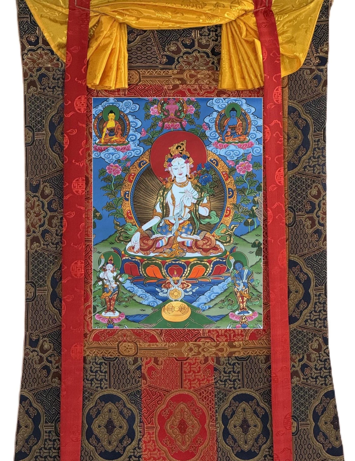 White Tara Thangka – Masterpiece Hand-Painted Tibetan Art with Silk Brocade | Sacred Buddhist Painting