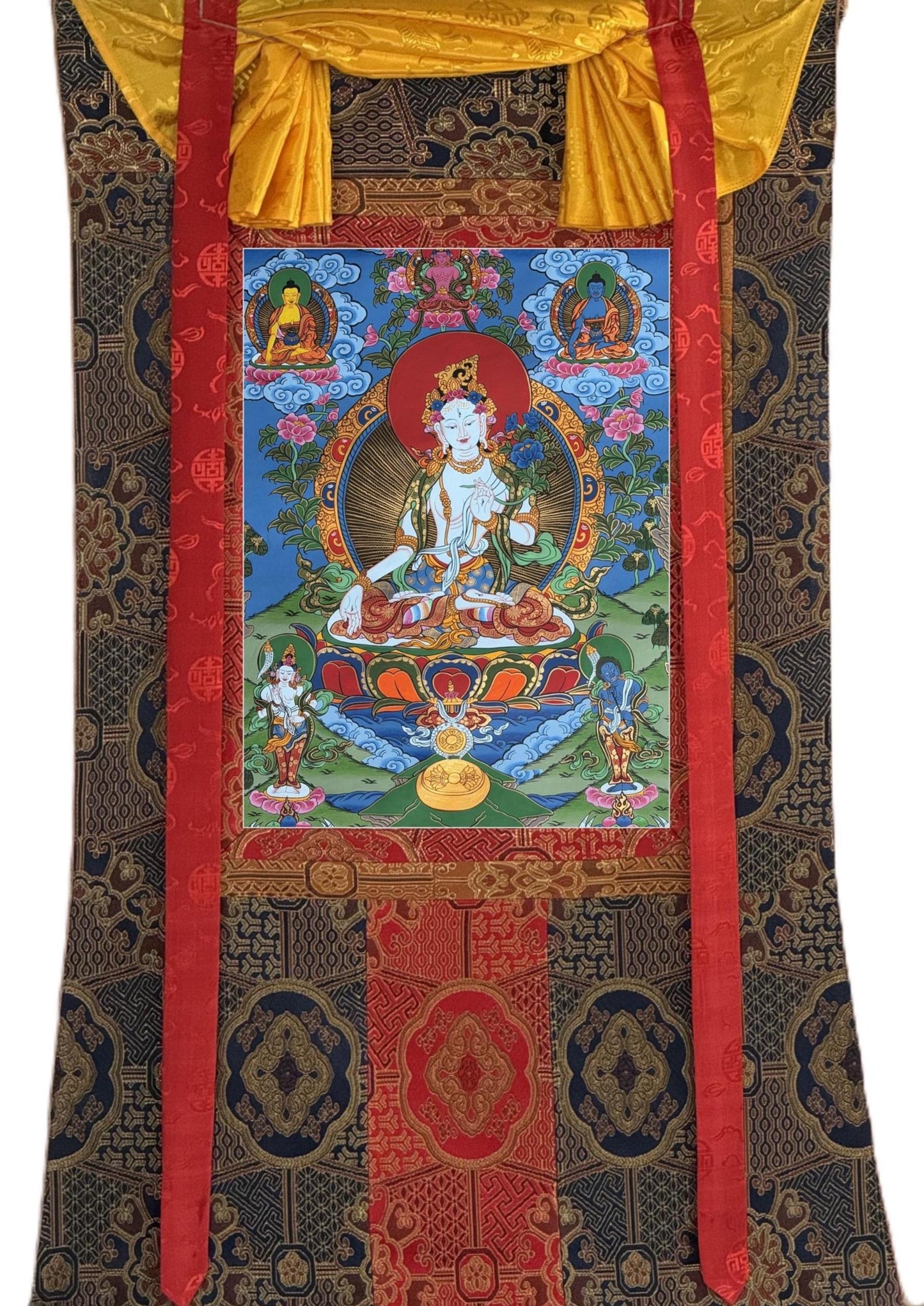 White Tara Thangka – Masterpiece Hand-Painted Tibetan Art with Silk Brocade | Sacred Buddhist Painting