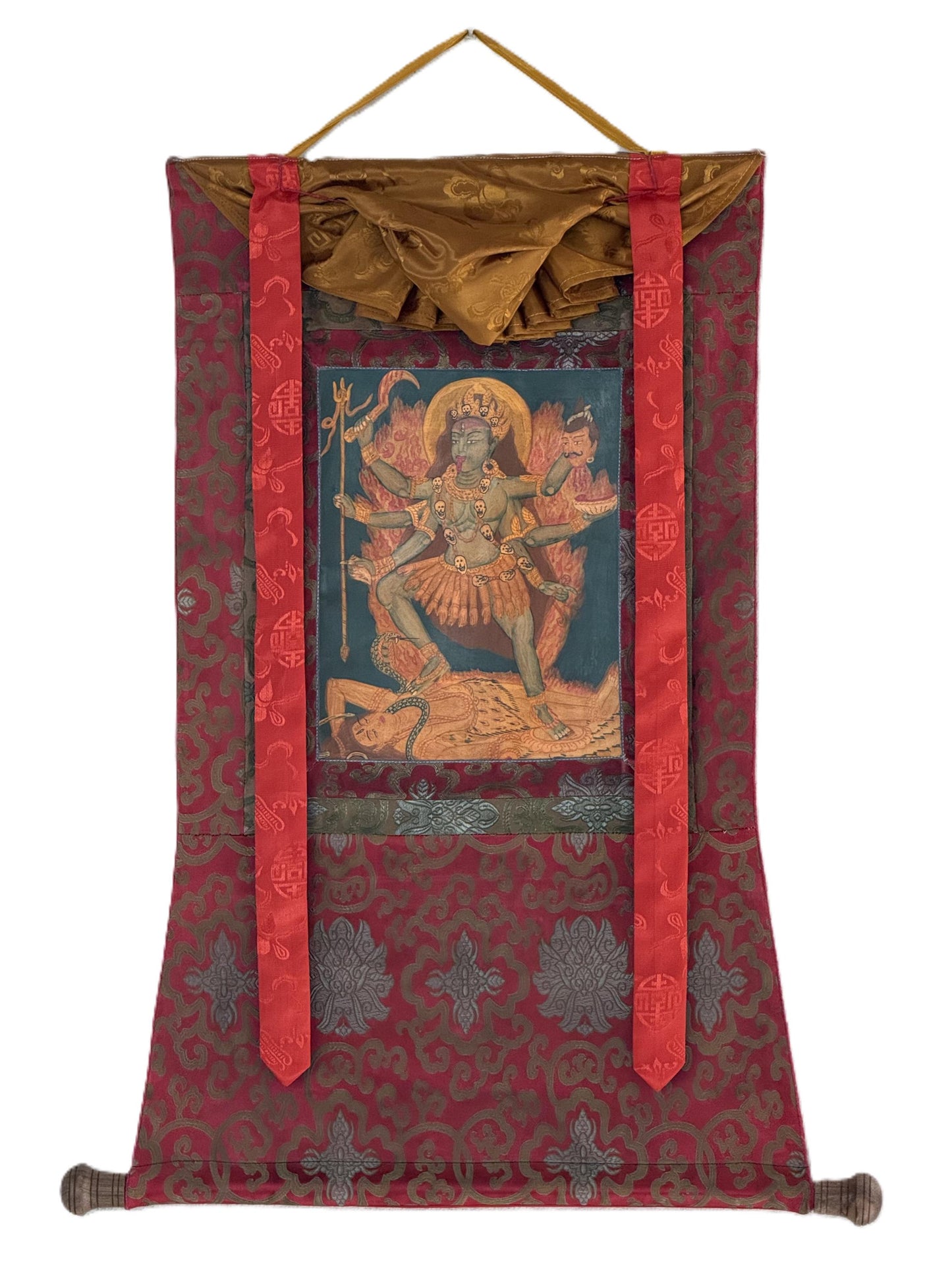 Goddess Kali Mahakali Thangka Painting | Hand-Painted Hindu Art with Silk Brocade