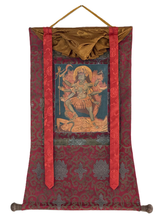 Goddess Kali Mahakali Thangka Painting | Hand-Painted Hindu Art with Silk Brocade