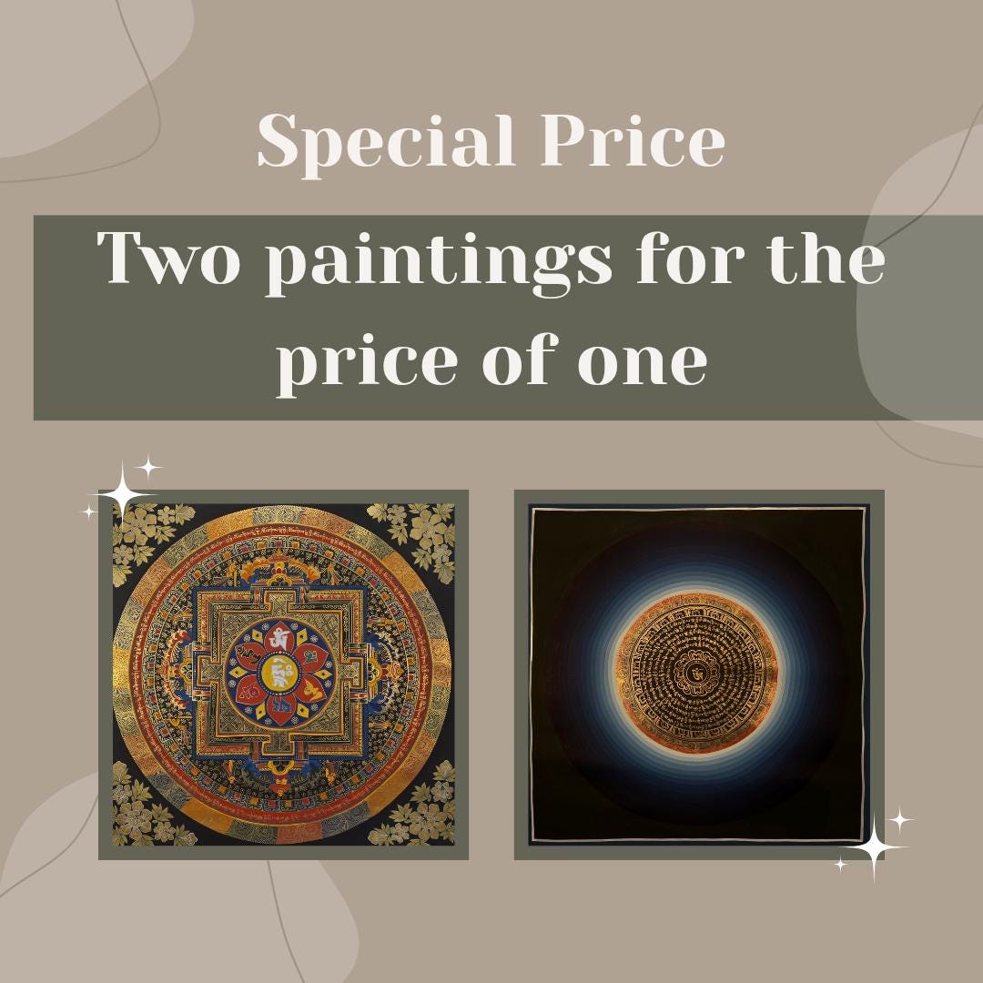 Hand-Painted Om Mantra Mandala Thangka Set of Two, Tibetan Buddhist Wall Art
