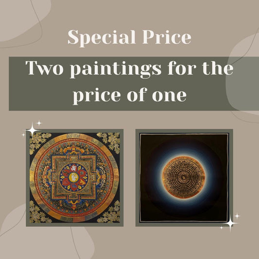 Hand-Painted Om Mantra Mandala Thangka Set of Two, Tibetan Buddhist Wall Art