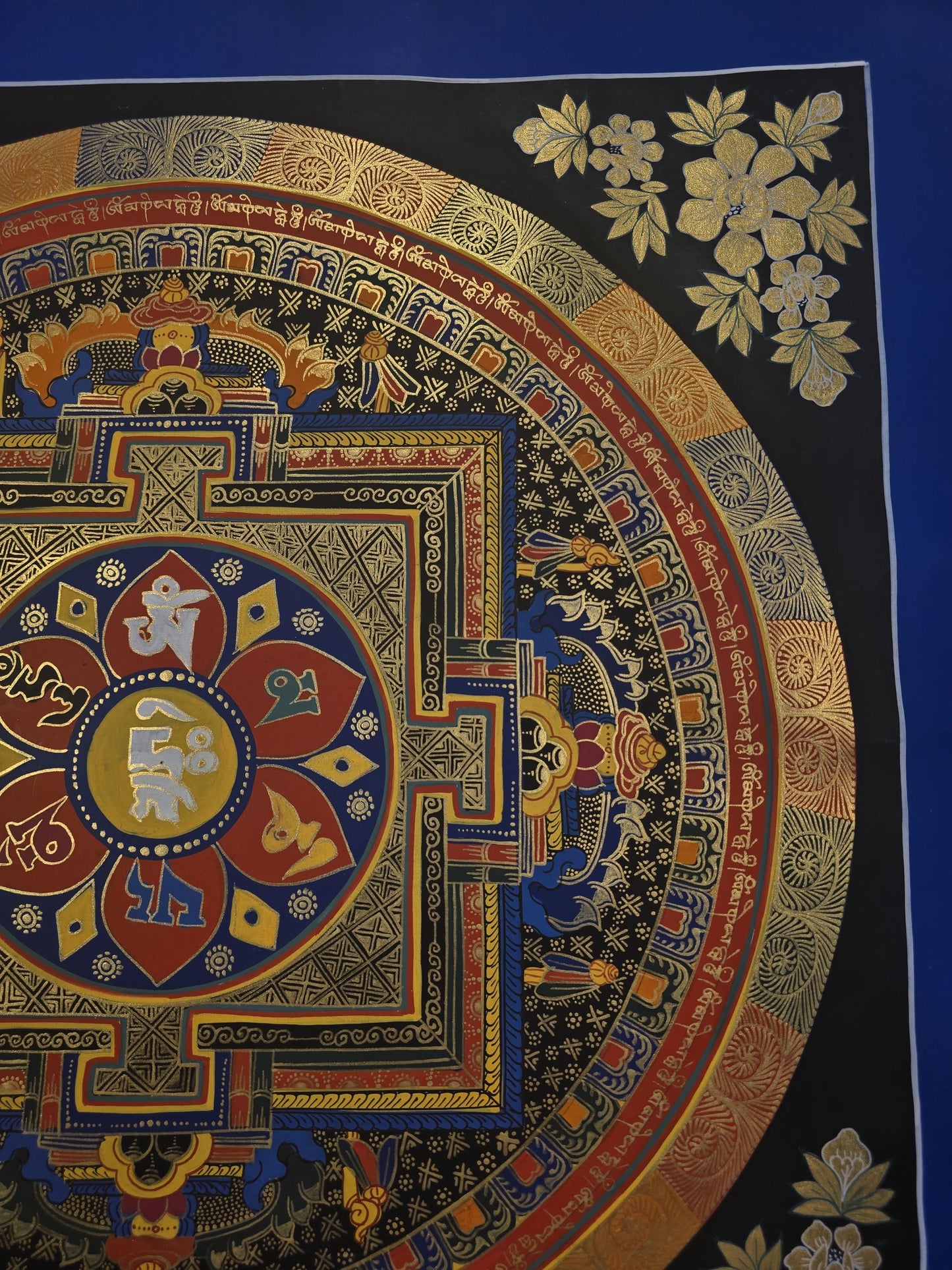 Hand-Painted Om Mantra Mandala Thangka Set of Two, Tibetan Buddhist Wall Art