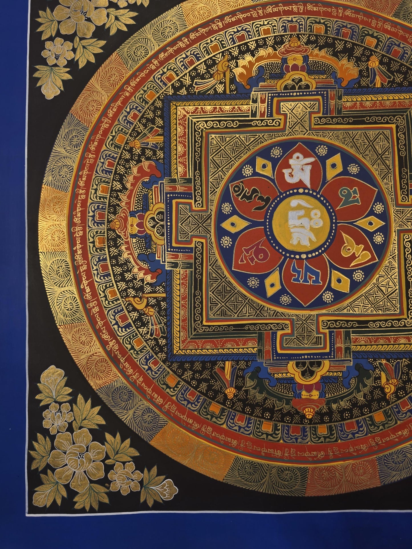 Hand-Painted Om Mantra Mandala Thangka Set of Two, Tibetan Buddhist Wall Art