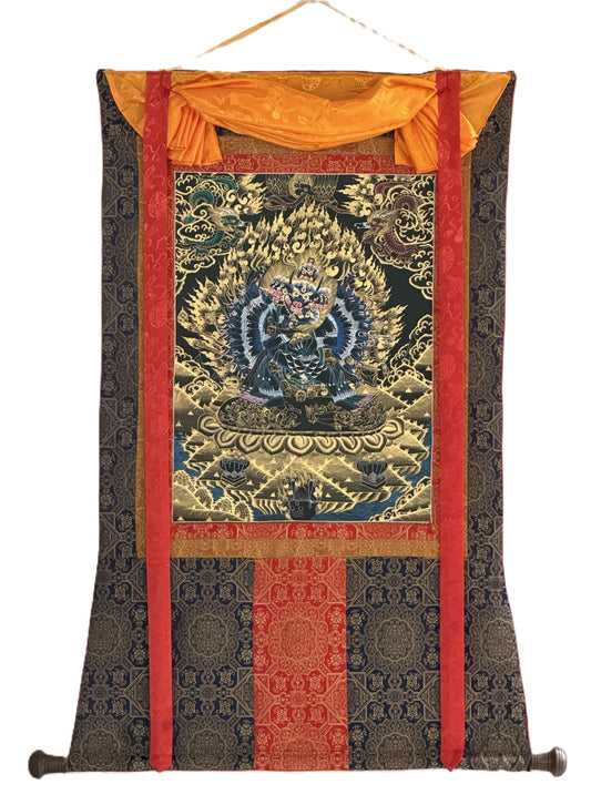 Hand-Painted Yamantaka with Consort Thangka | Wrathful Protector Tibetan Art with Silk Brocade