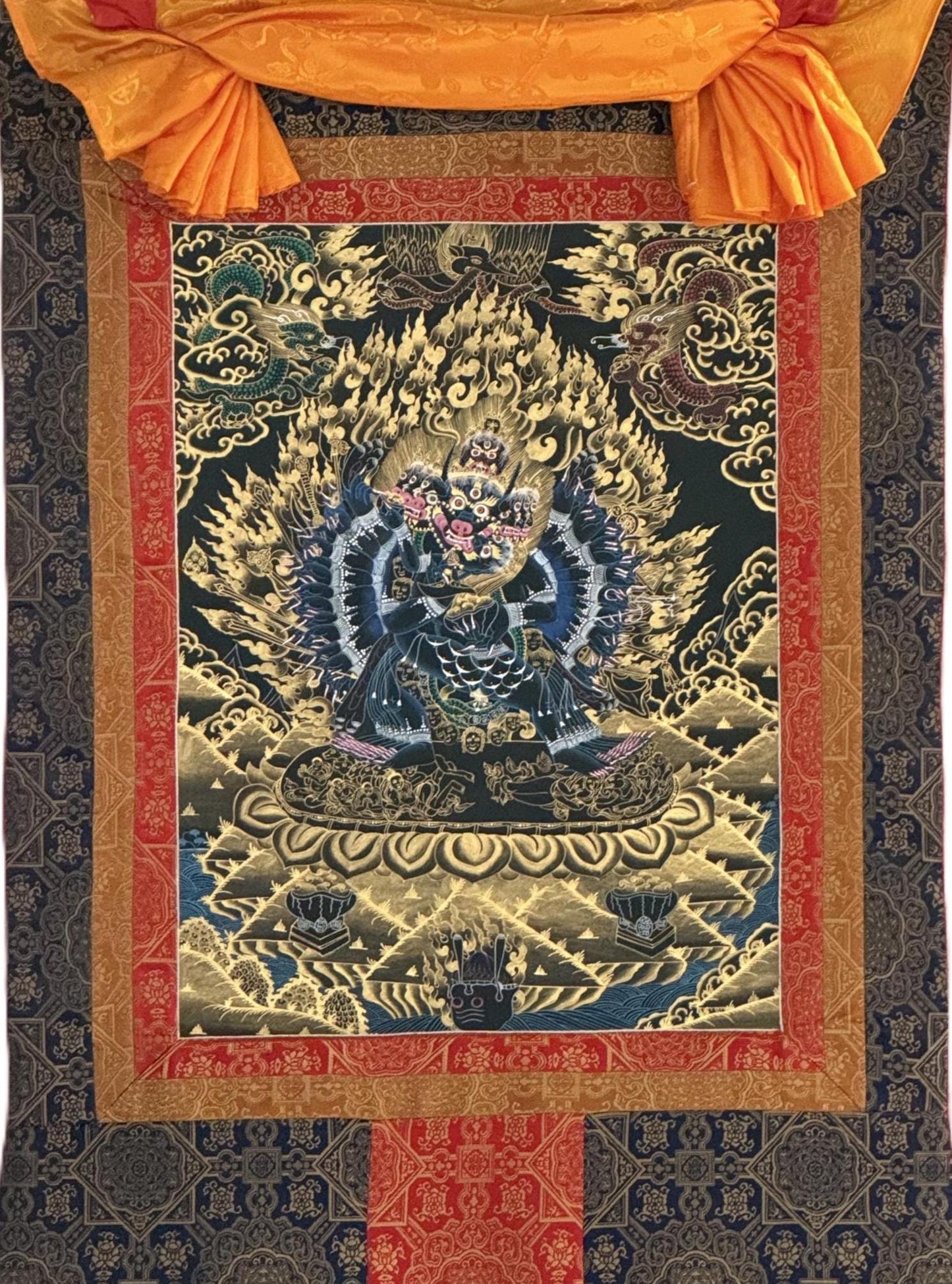 Hand-Painted Yamantaka with Consort Thangka | Wrathful Protector Tibetan Art with Silk Brocade