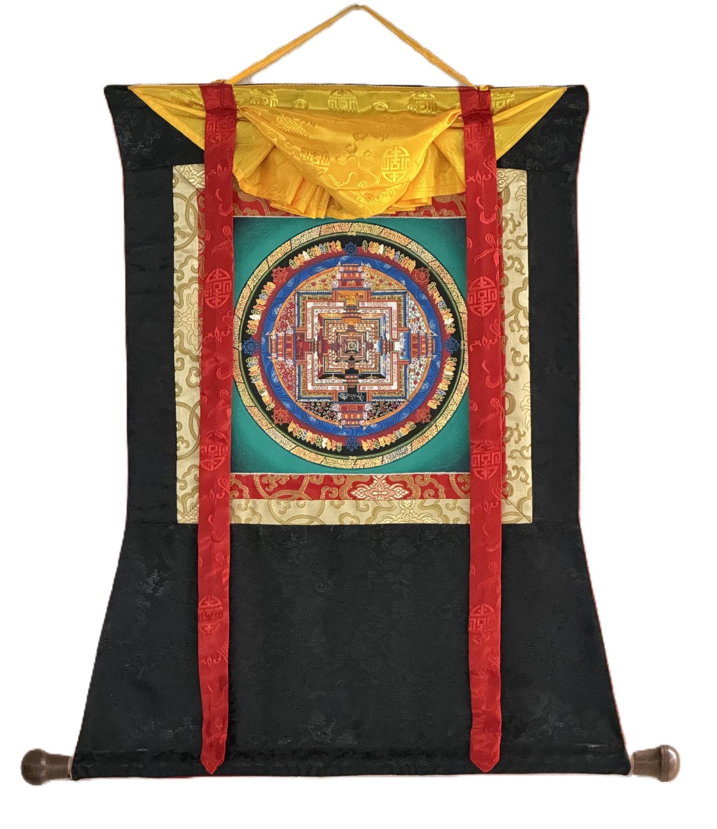 Hand-painted Kalachakra Mandala Thangka | Wheel of Time Tibetan Tantric Mandala Art with Silk Brocade