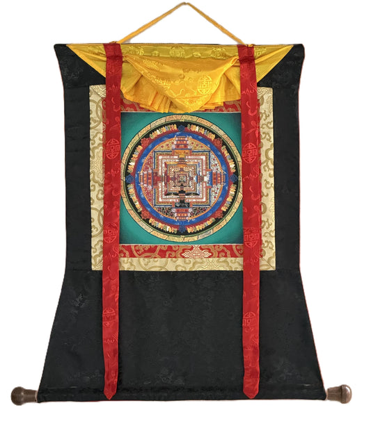 Hand-painted Kalachakra Mandala Thangka | Wheel of Time Tibetan Tantric Mandala Art with Silk Brocade