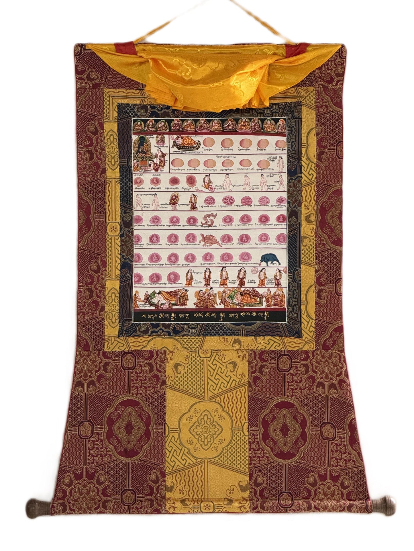 Hand-Painted Tibetan Medical Thangka | Human Embryology Art with Silk Brocade | Traditional Buddhist Medical Painting