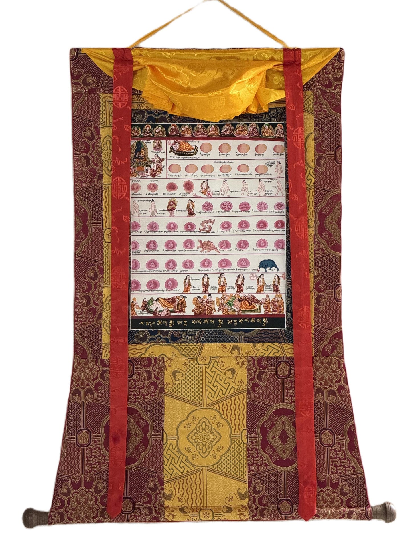 Hand-Painted Tibetan Medical Thangka | Human Embryology Art with Silk Brocade | Traditional Buddhist Medical Painting