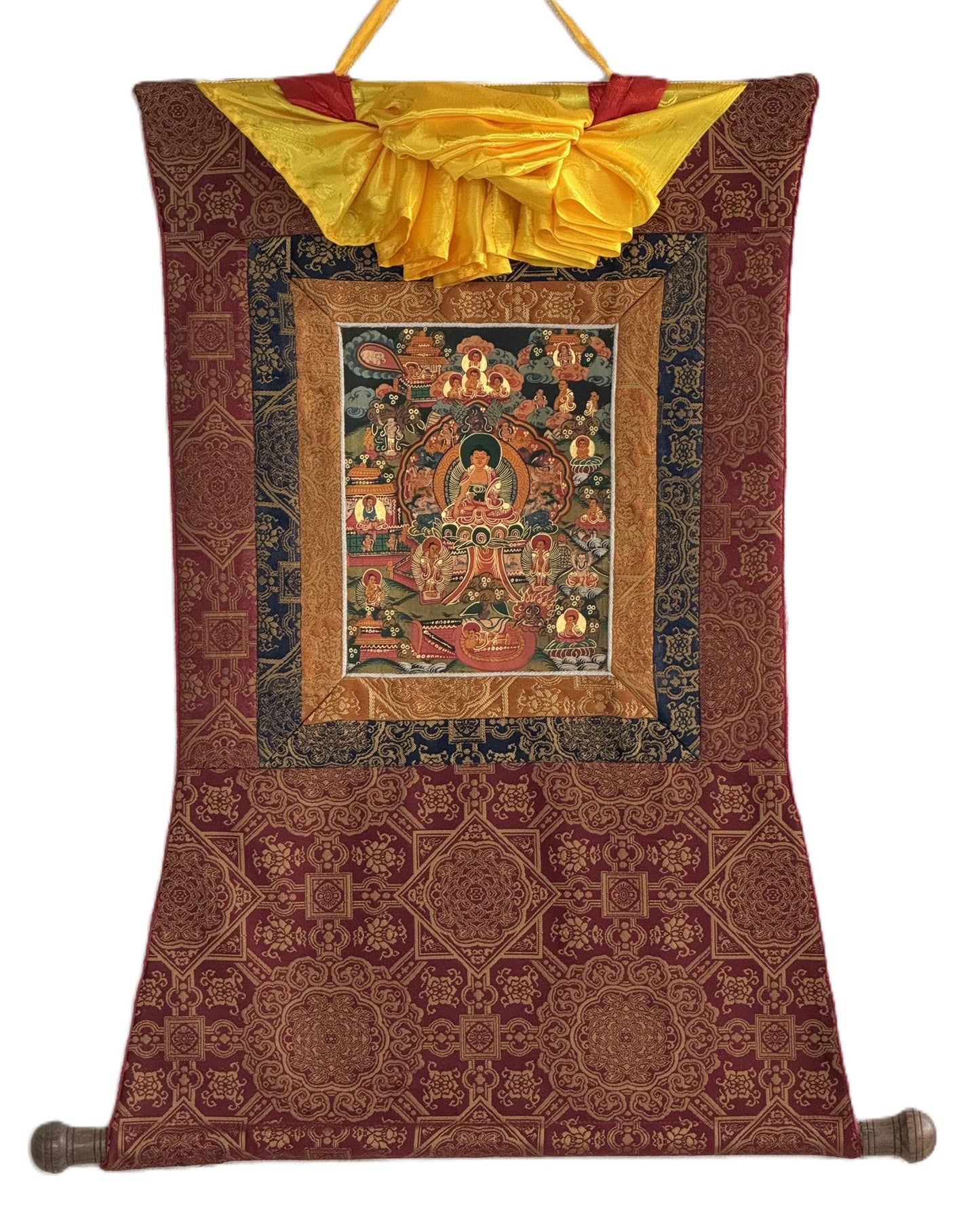 Hand-Painted Buddha of Life Mandala Tibetan Thangka Painting with Silk Brocade