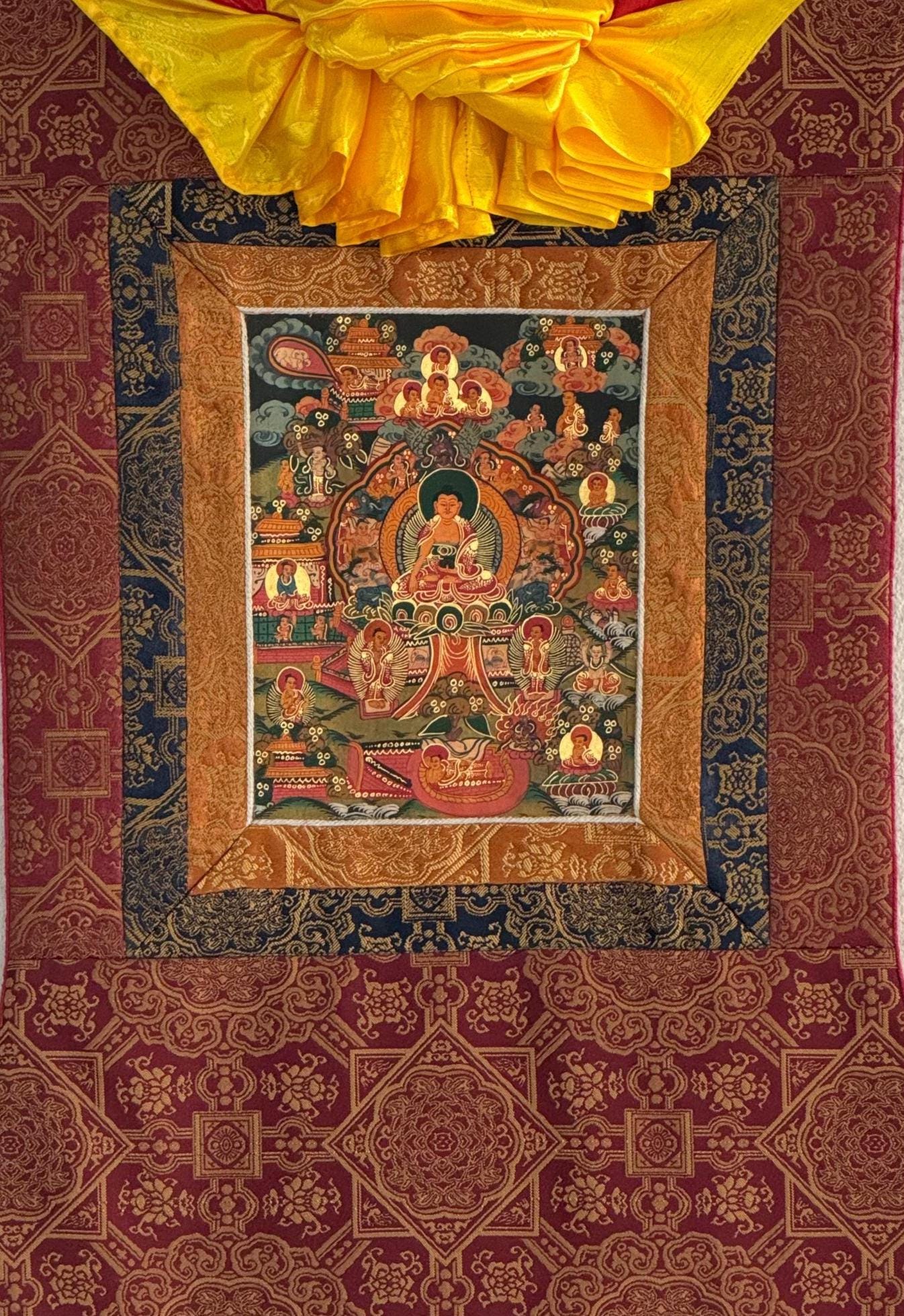Hand-Painted Buddha of Life Mandala Tibetan Thangka Painting with Silk Brocade