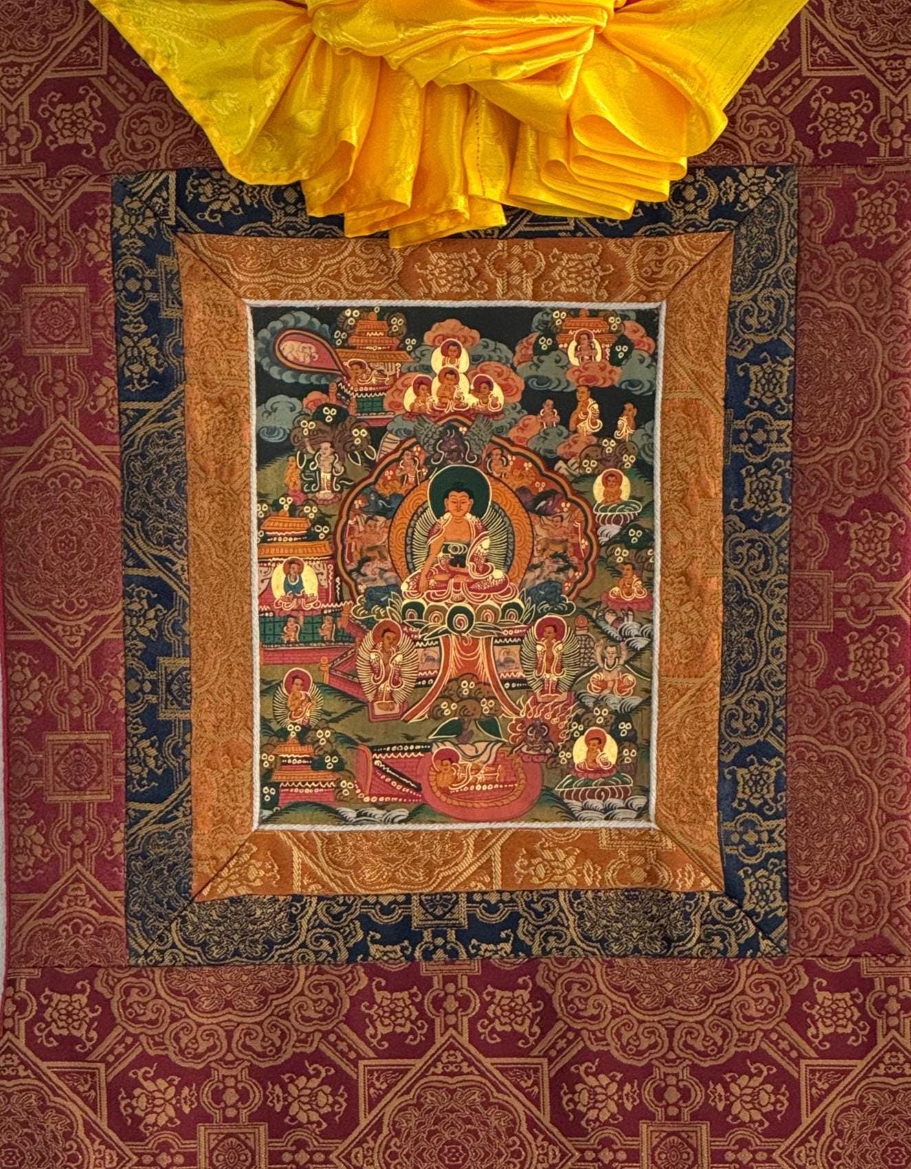 Hand-Painted Buddha of Life Mandala Tibetan Thangka Painting with Silk Brocade