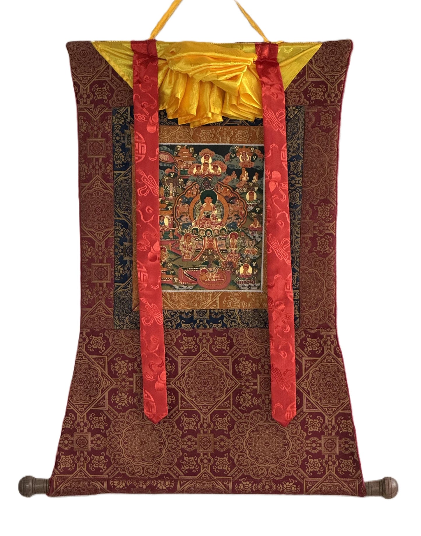 Hand-Painted Buddha of Life Mandala Tibetan Thangka Painting with Silk Brocade