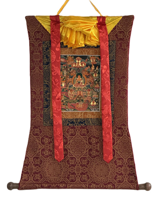 Hand-Painted Buddha of Life Mandala Tibetan Thangka Painting with Silk Brocade