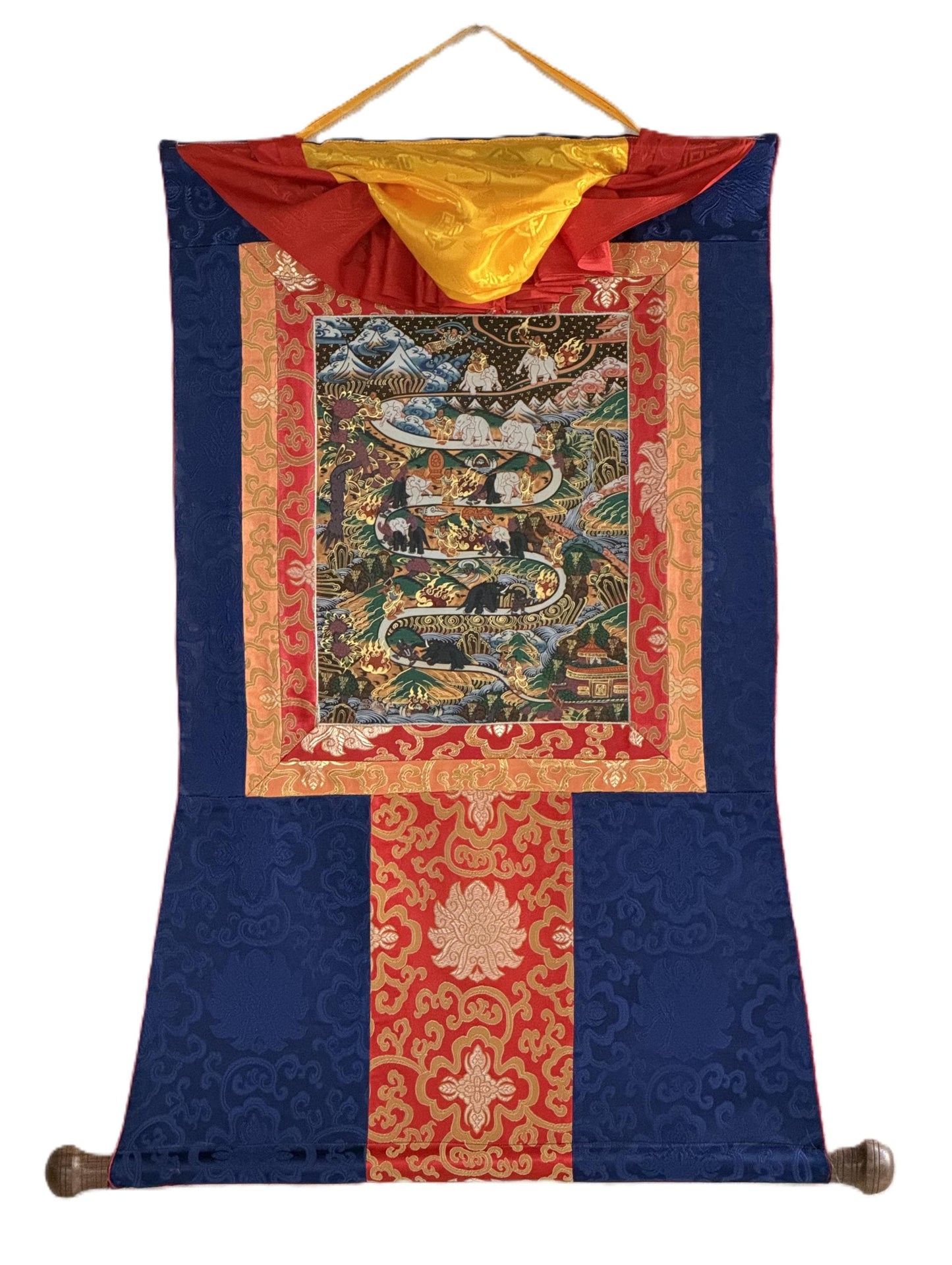 Original Hand-Painted Samatha Meditation Thangka | Tibetan Buddhist Silk Brocade Art | Spiritual Wall Hanging