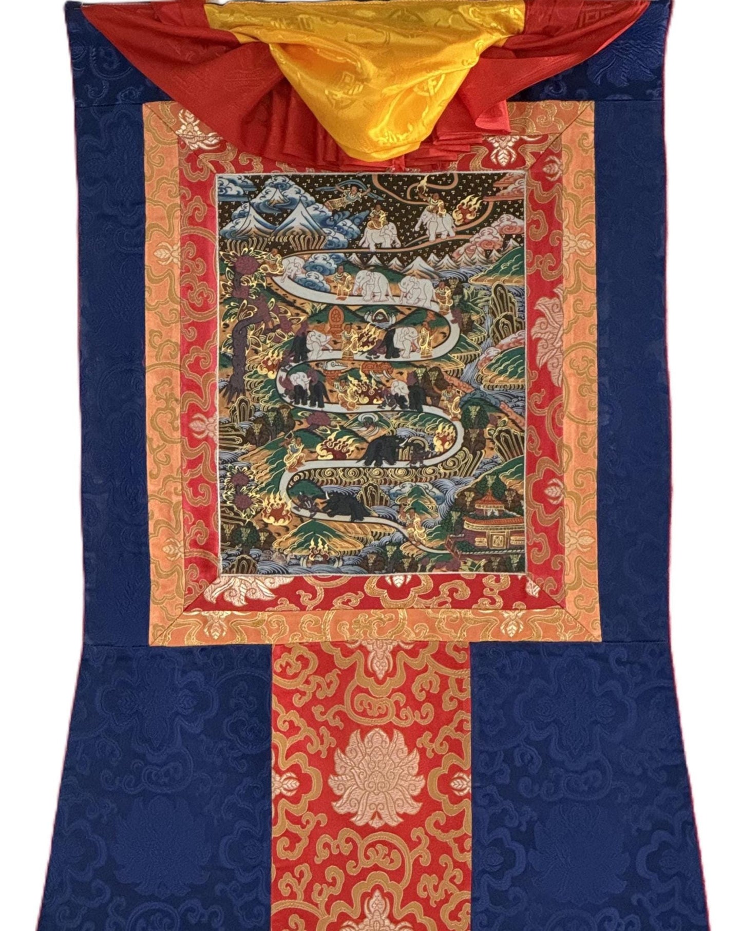 Original Hand-Painted Samatha Meditation Thangka | Tibetan Buddhist Silk Brocade Art | Spiritual Wall Hanging