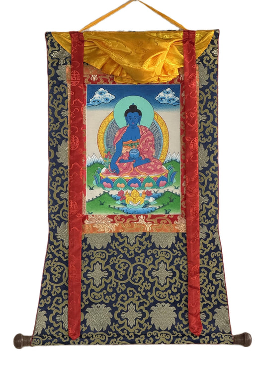 Hand-Painted Medicine Buddha Thangka Painting - Healing Buddha Art with Silk Brocade - Spiritual Home Decor